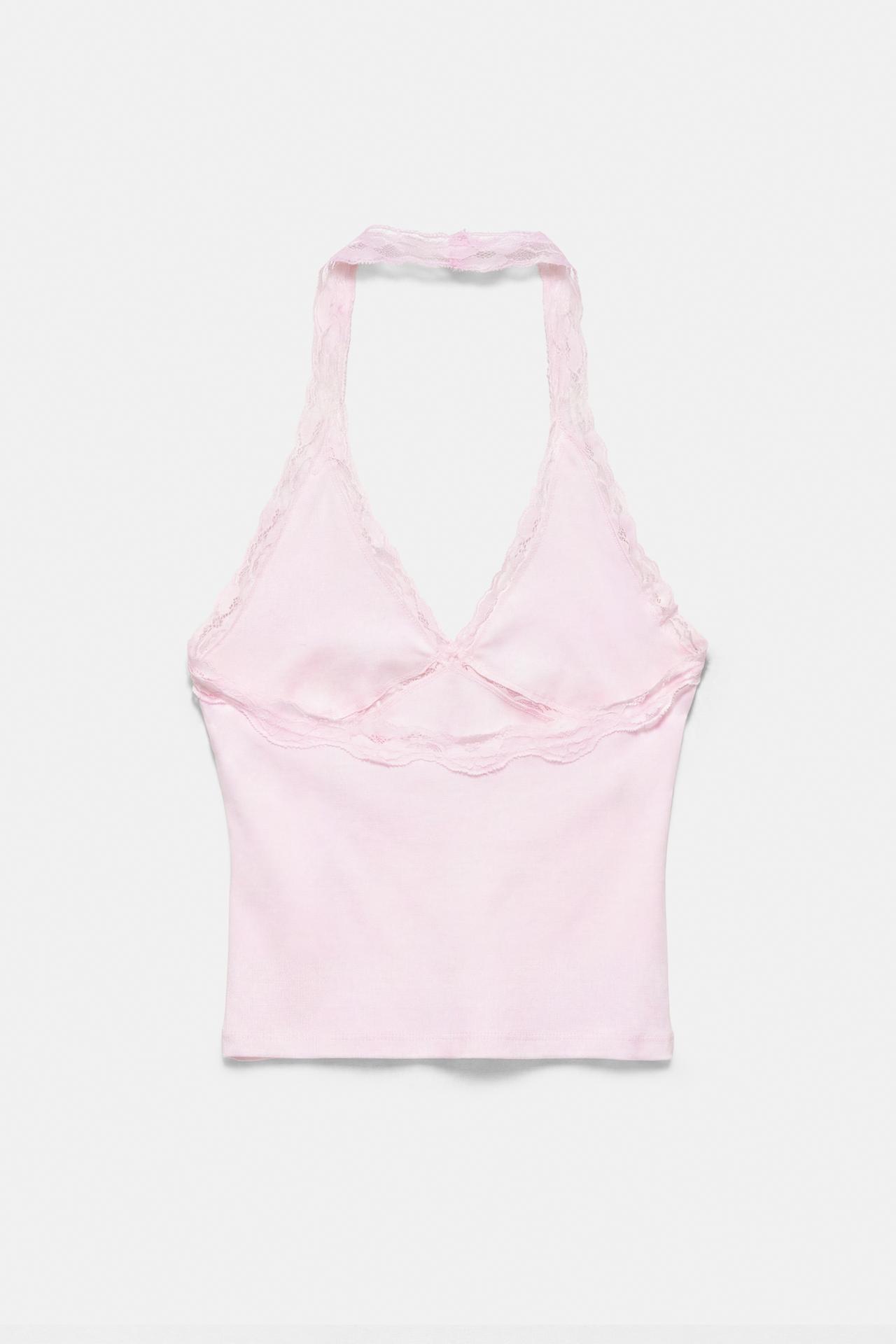 Lace-trimmed halter top — Pink