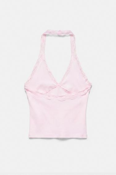 Lace-trimmed halter top — Pink 6