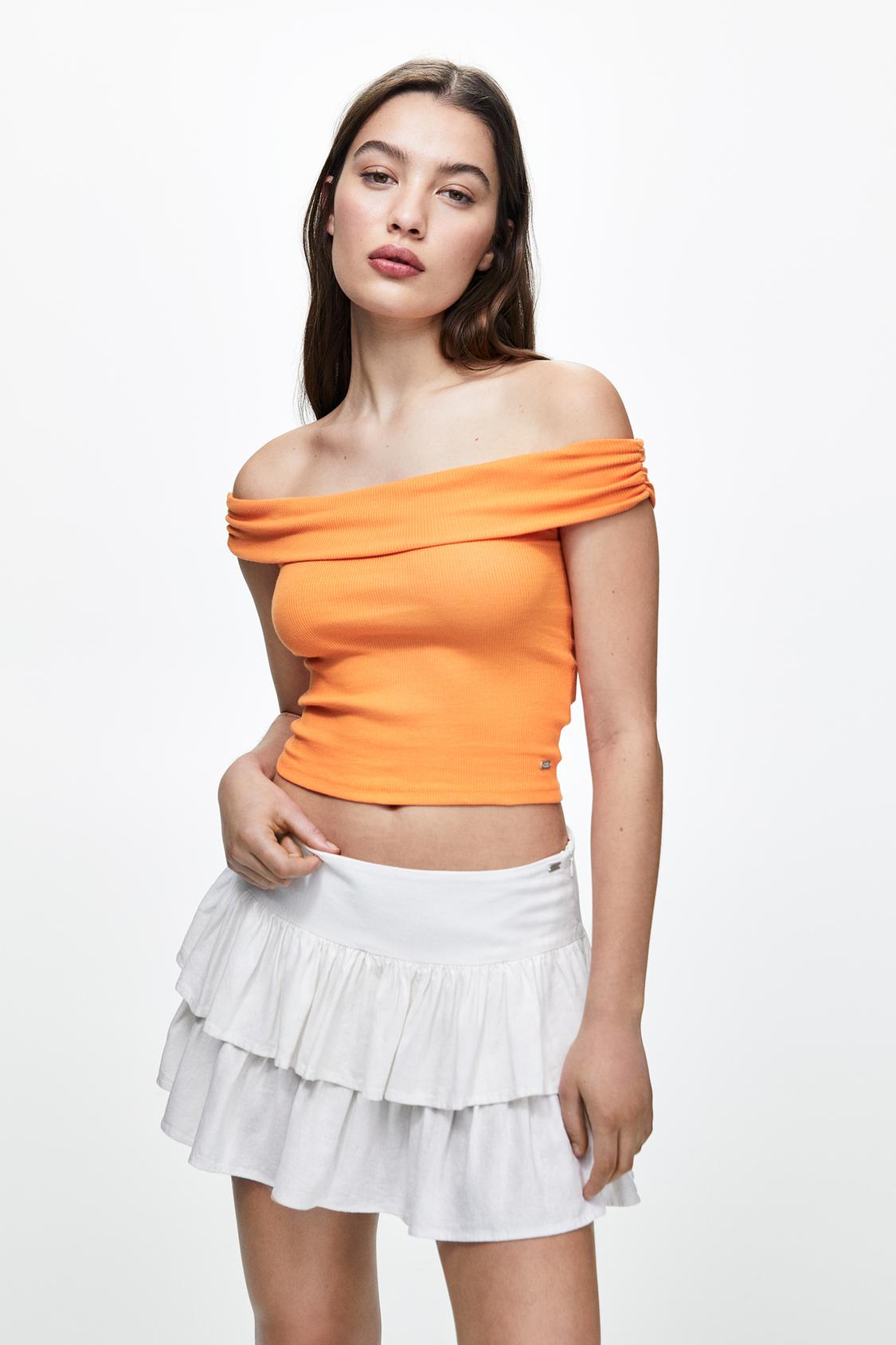 Ribbed off-the-shoulder top - pull&bear ディズニー ヒョウ柄 ミニー ファンキャップ