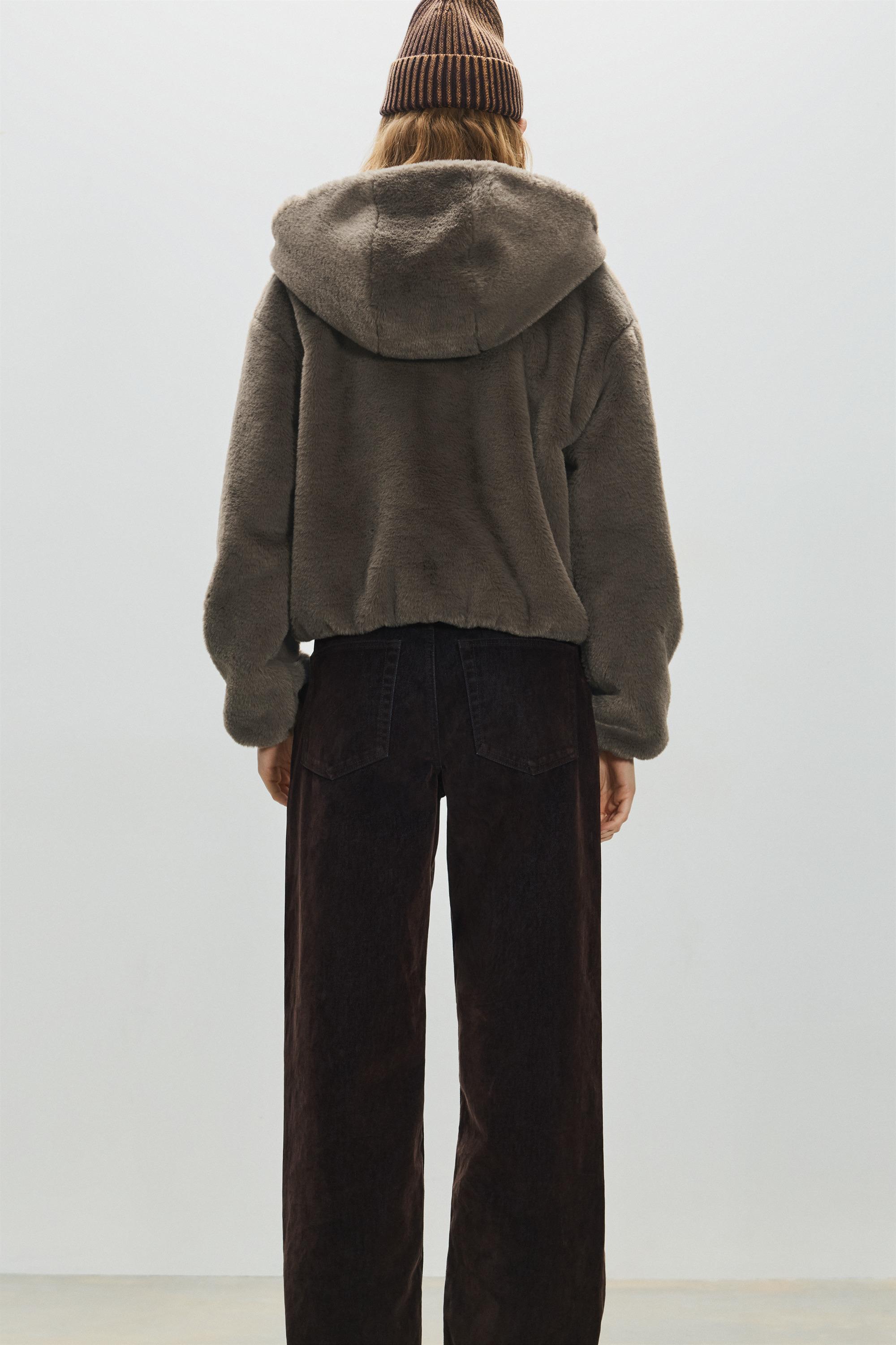 Kapüşonlu suni kürk ceket - Görsel 12