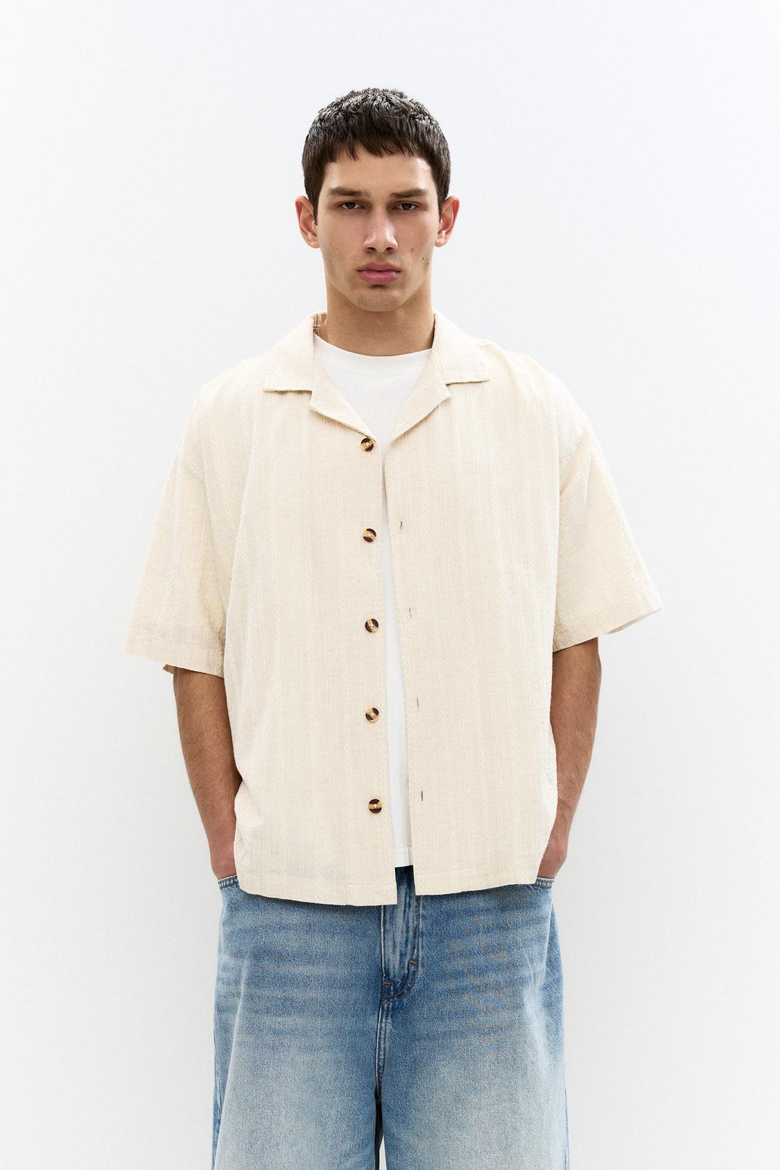 Chemise Jeans Homme Pull And Bear Linen Blend Short Sleeve Shirt