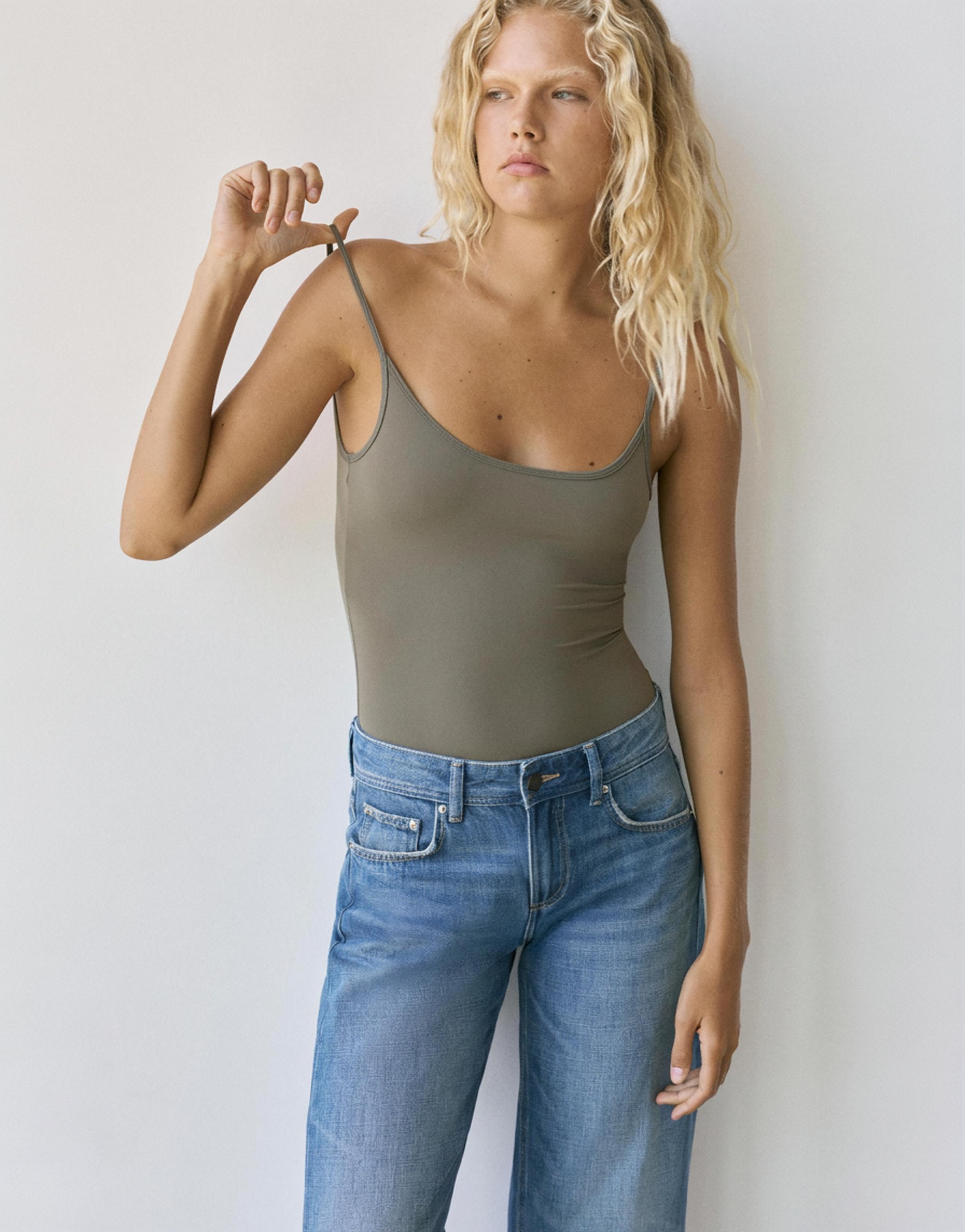 Polyamide bodysuit with thin straps — Green/Grey