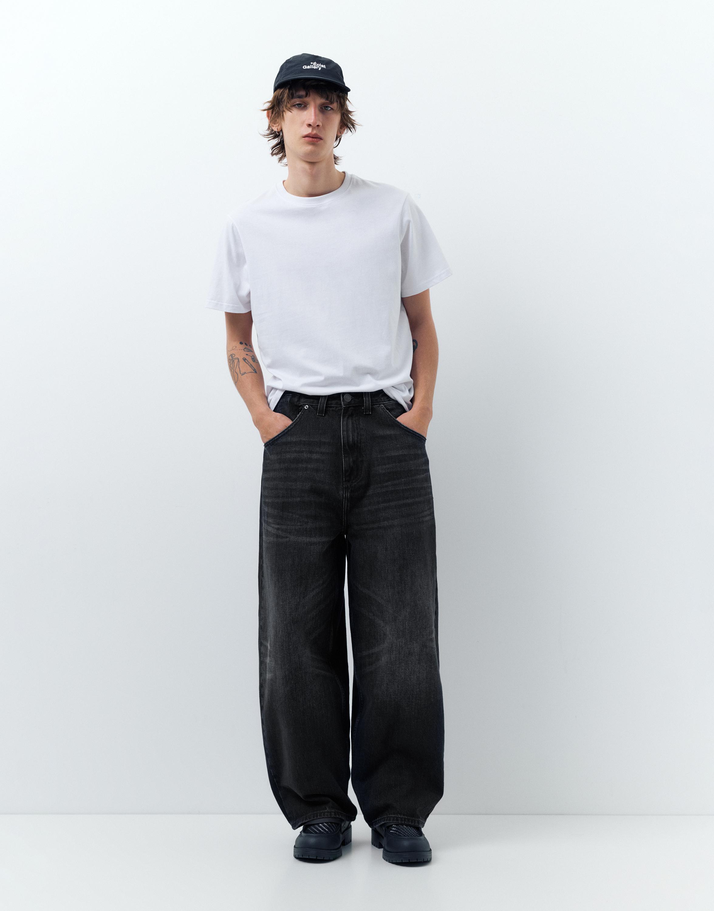 Embroidered super baggy jeans — Faded black