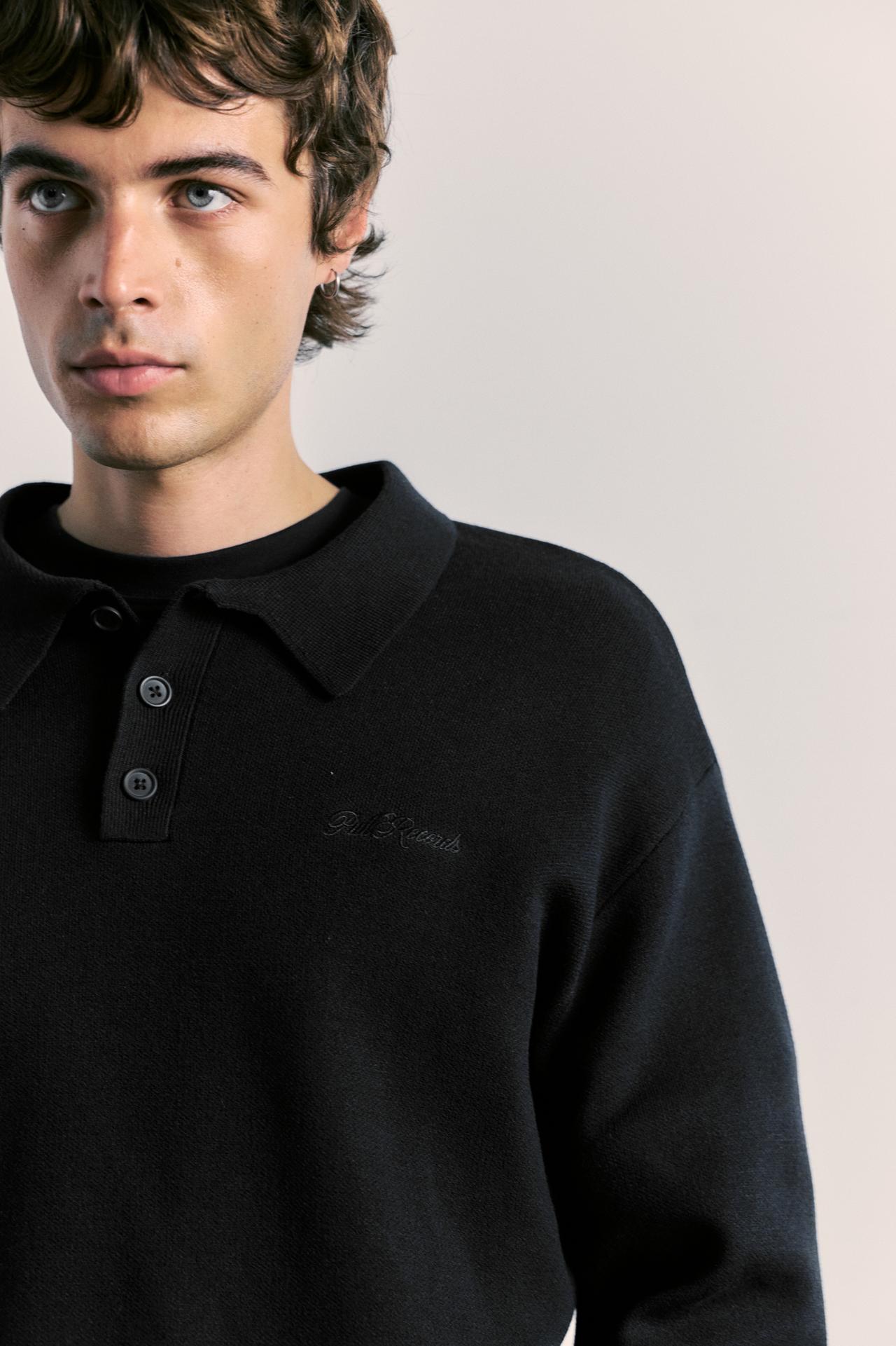 Long sleeve knit polo shirt — Black