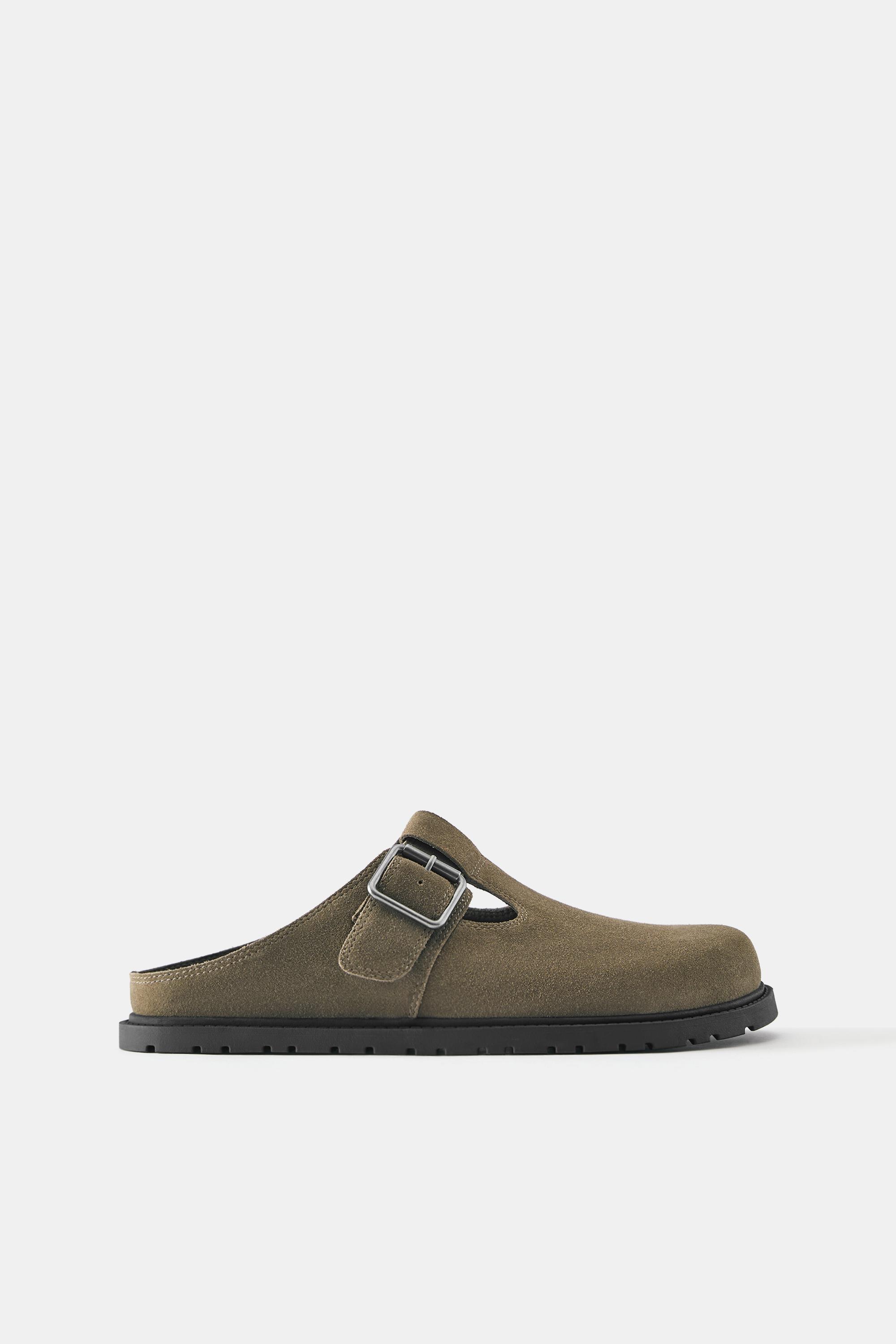 Leather buckle clogs — Khaki