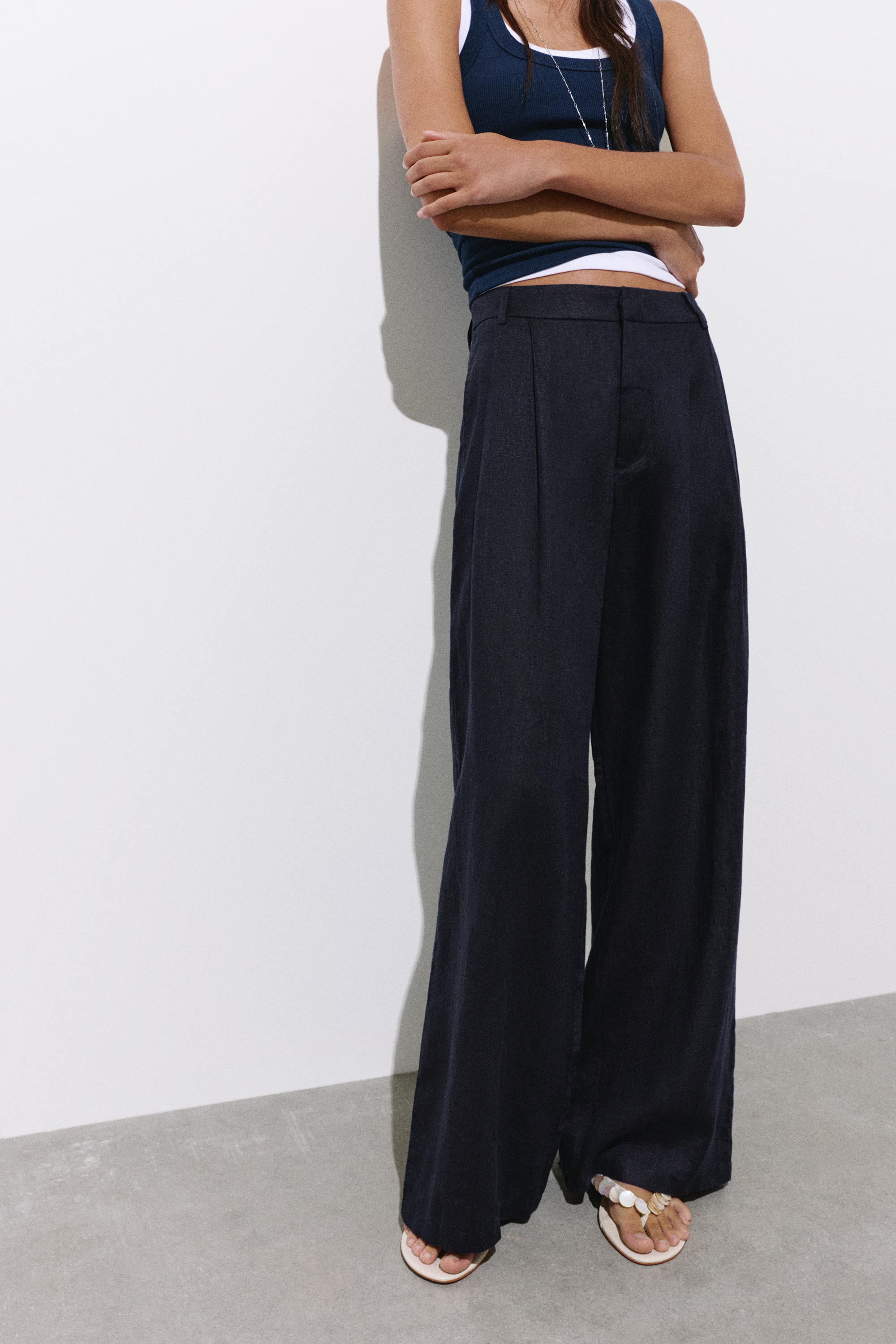 Wide-leg 100% linen trousers — Dark navy