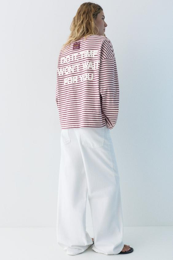 Top Rayé Pull&Bear Pour Femme - Couleur Bordeaux, Manches Courtes, En Coton, Taille S