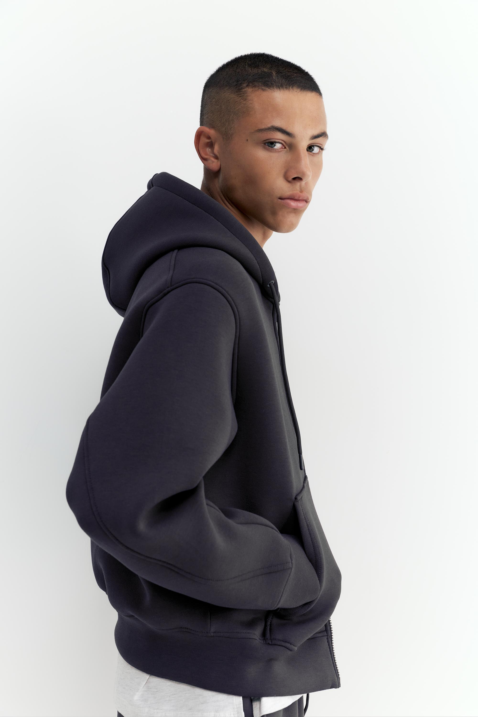 Neoprene-effect zip-up hoodie — Anthracite grey