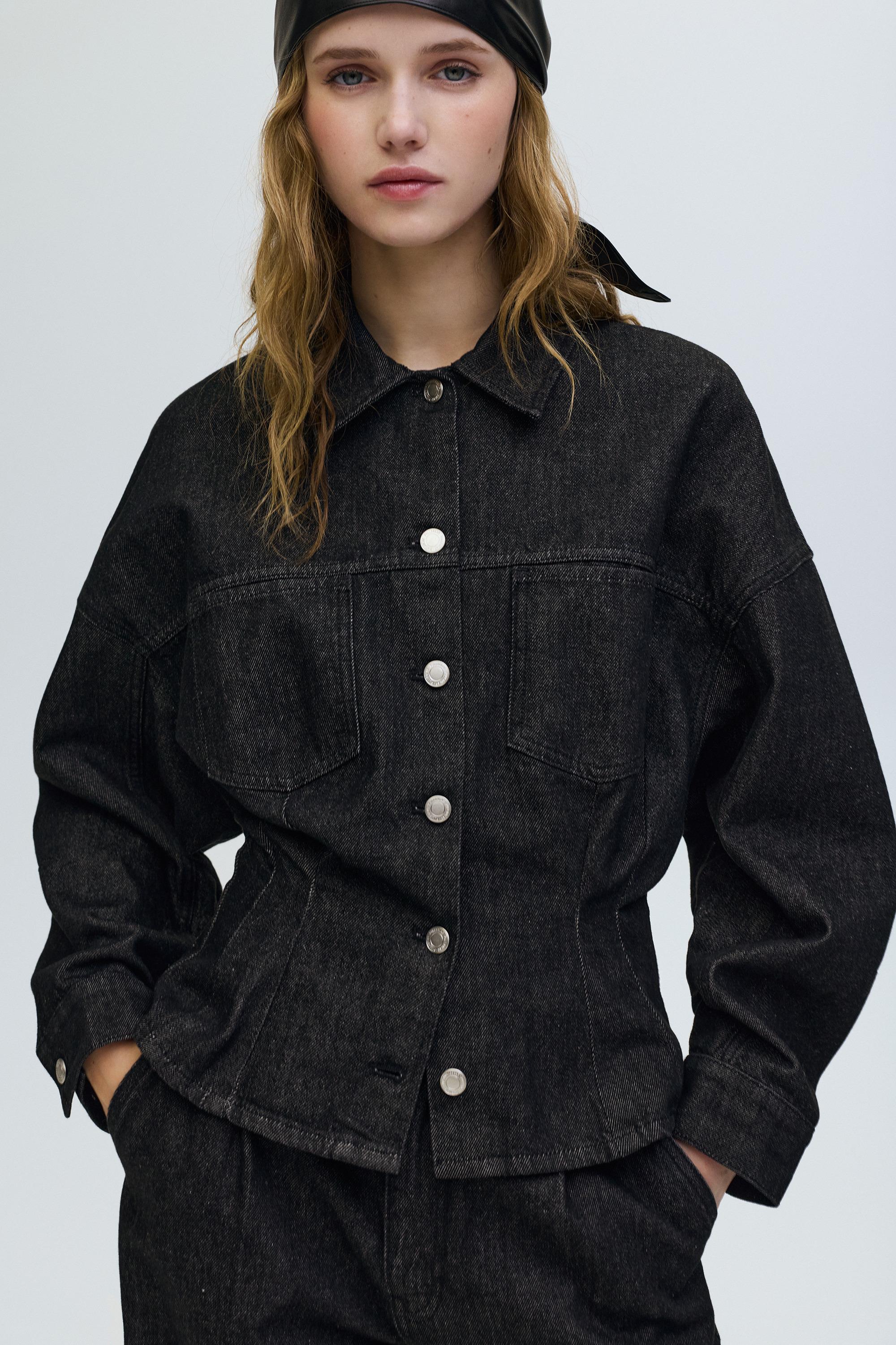 Fitted denim shirt with pleats — Black