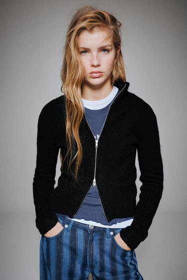 Ribbed zip-up cardigan — Black 3