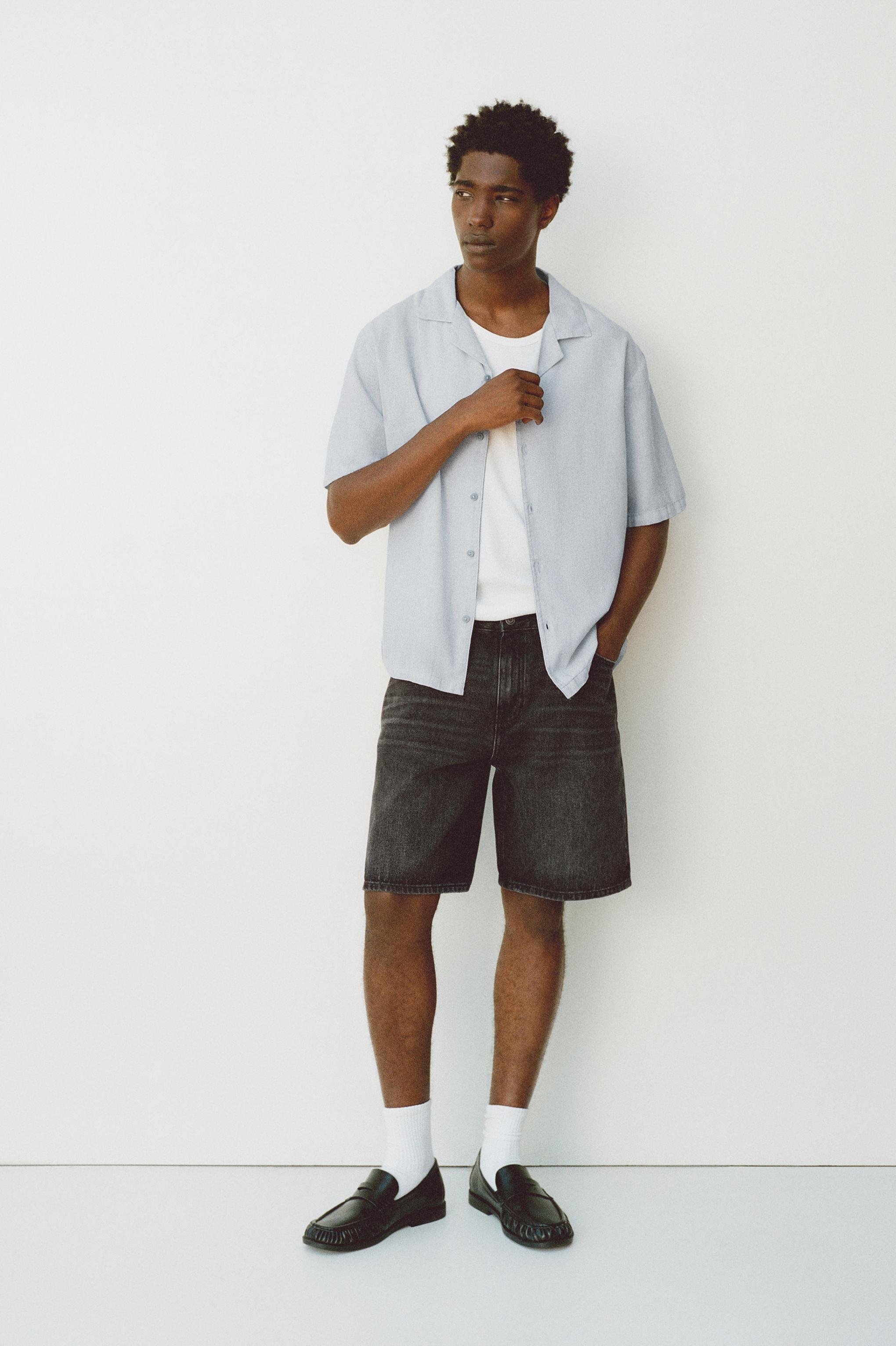 Short sleeve linen blend shirt — Pale blue