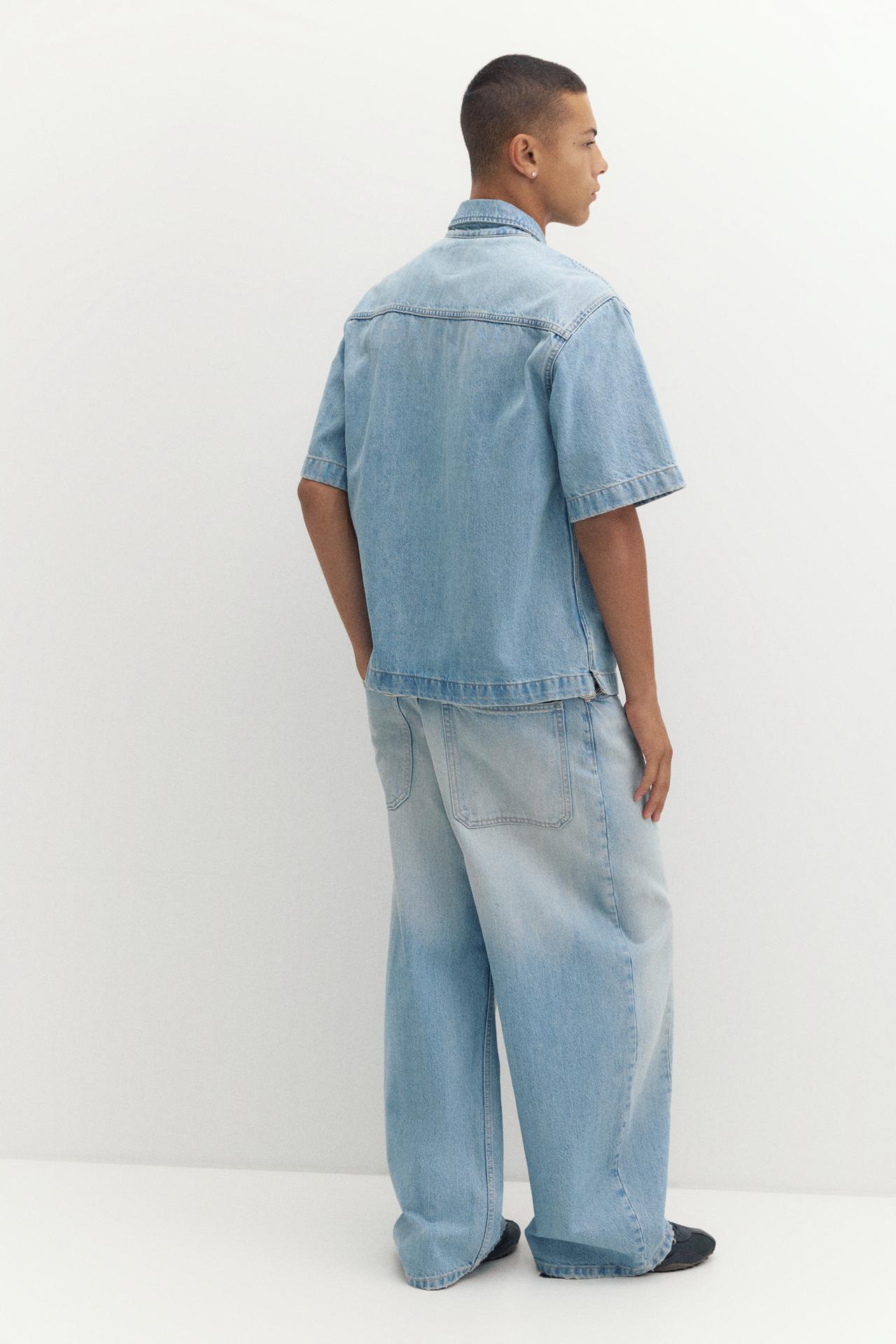 Short sleeve zipped denim shirt — Pale indigo