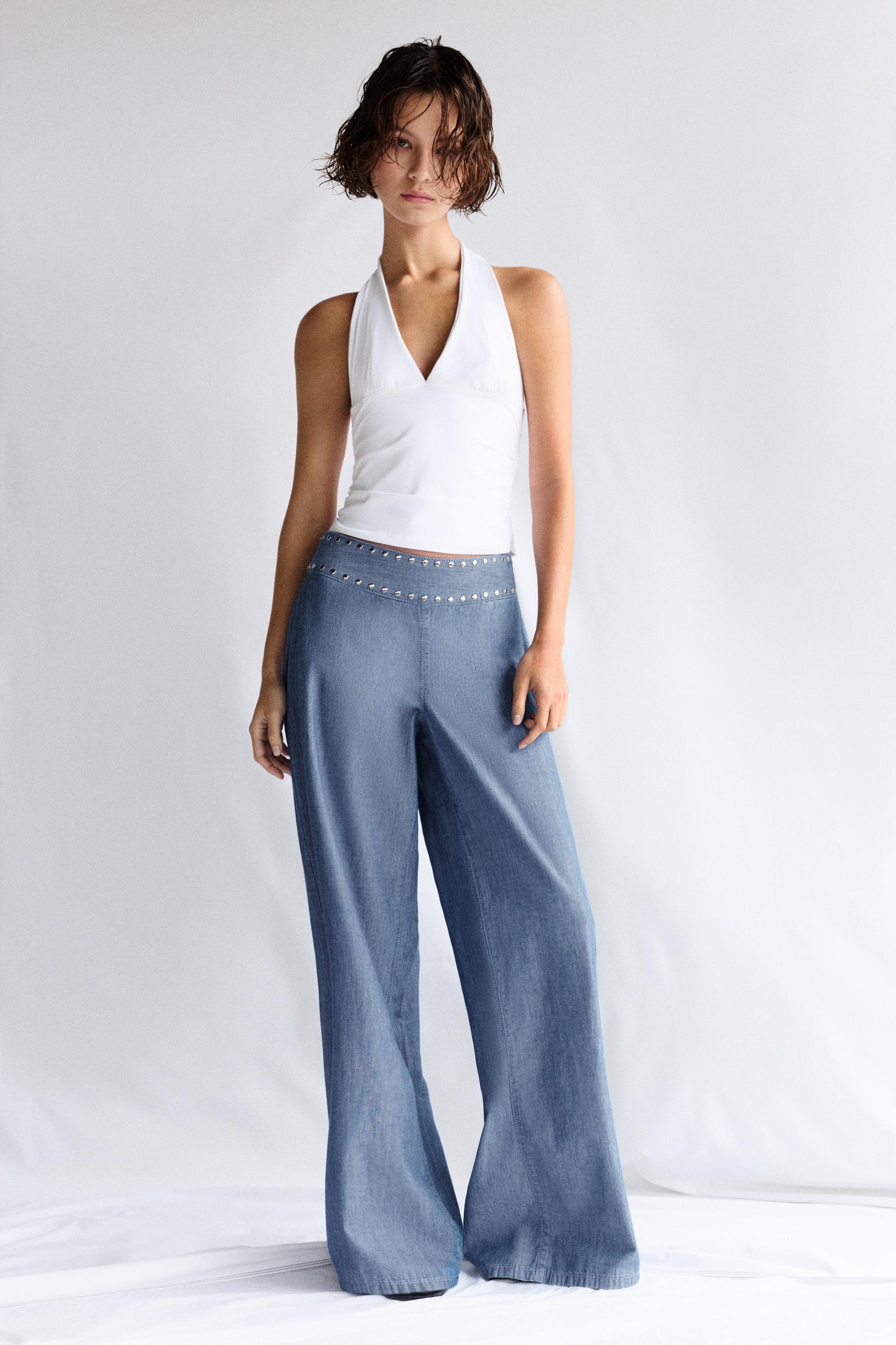 Wide-leg jeans with studs — Dark blue