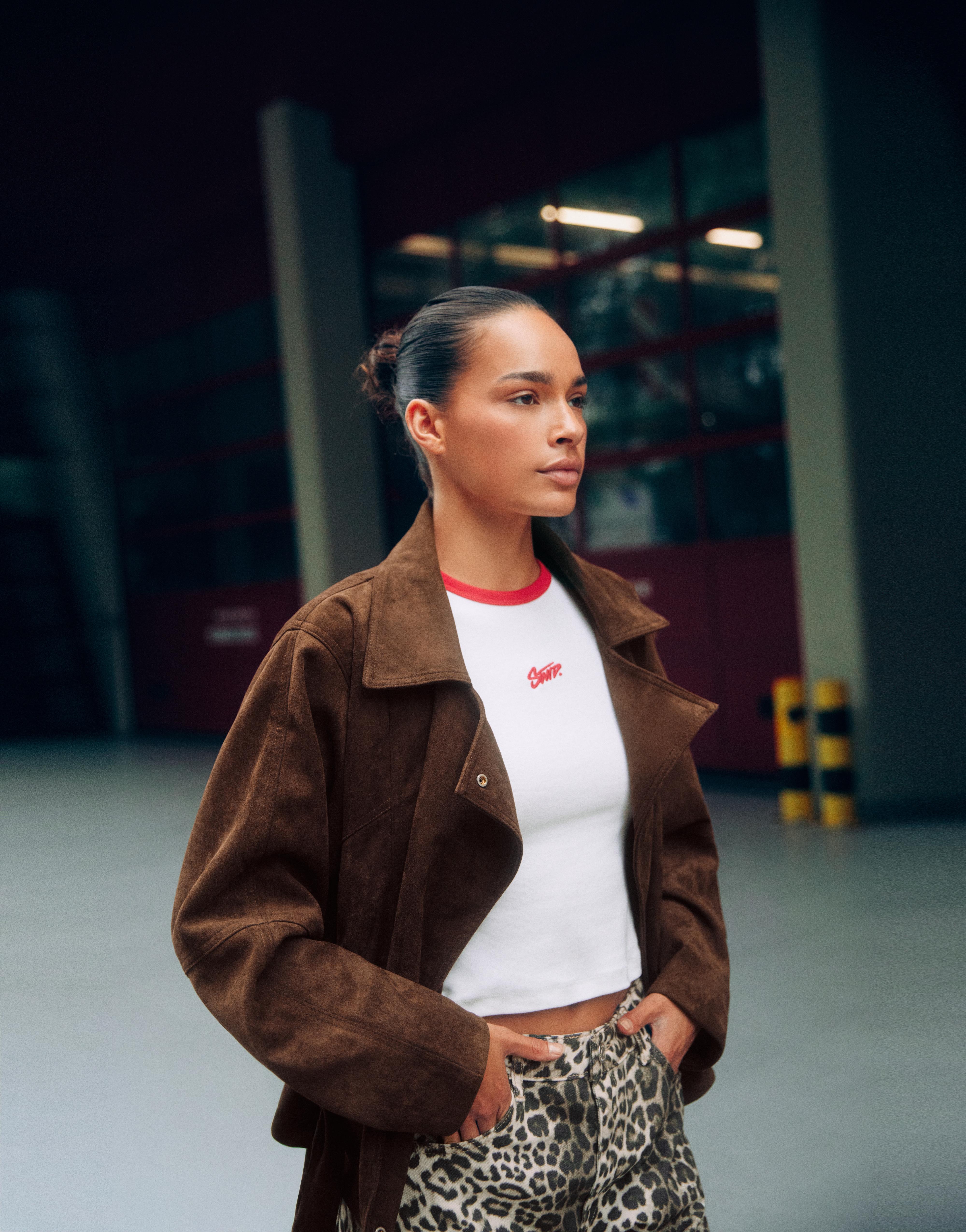 Faux suede short trench coat — Brown