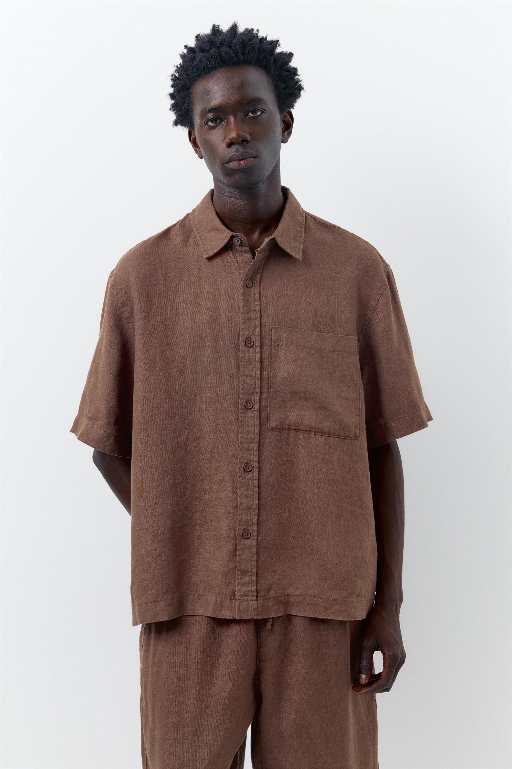 100% linen short sleeve shirt — Brown
