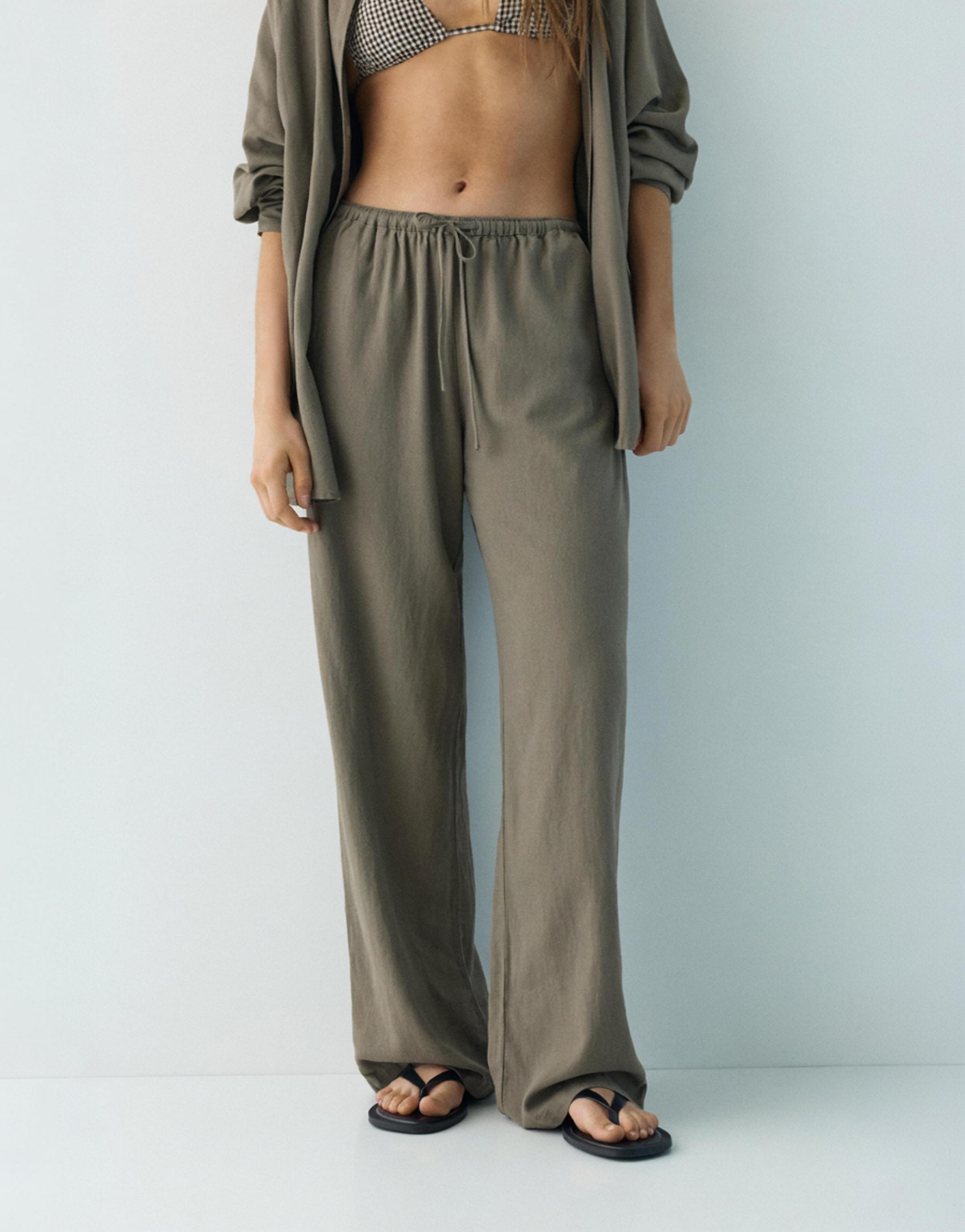 Flowy trousers with linen — Mole brown