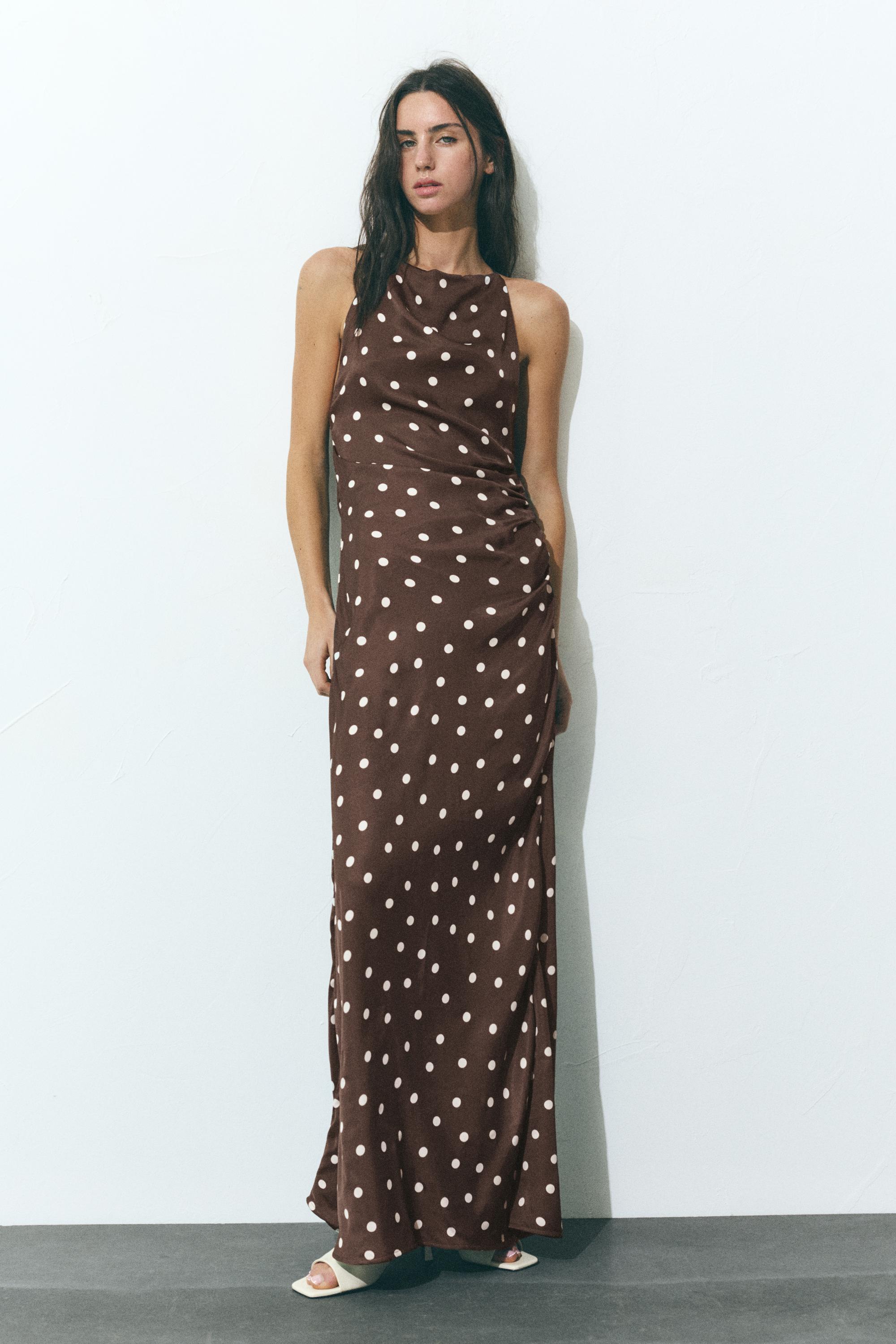 Draped polka dot satin dress — Brown