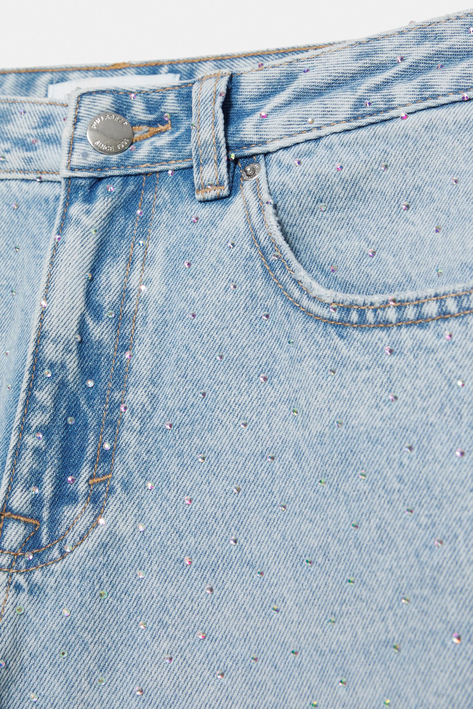 Straight-leg baggy jeans with rhinestones — Pale blue