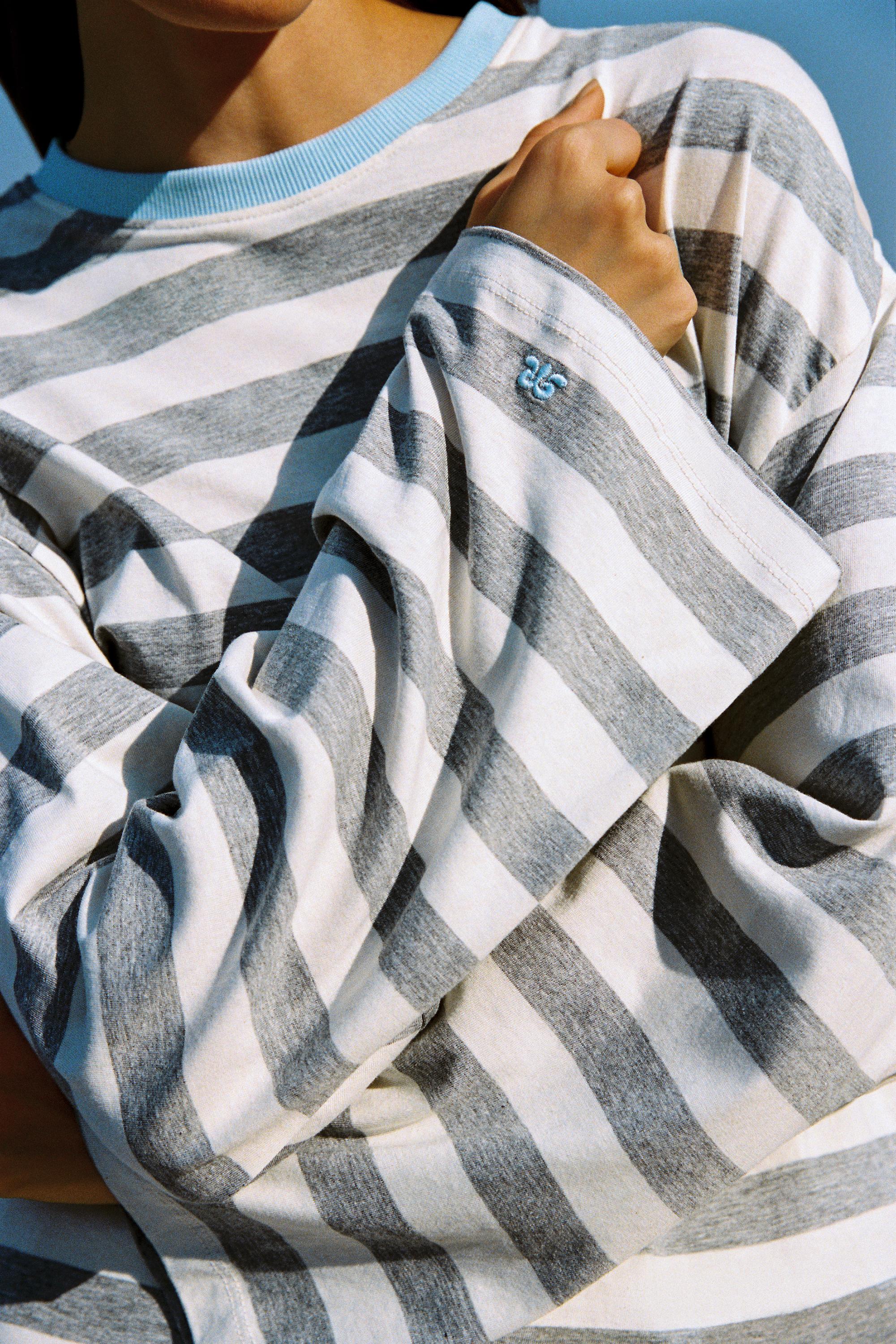 Oversize graphic striped T-shirt — Grey marl