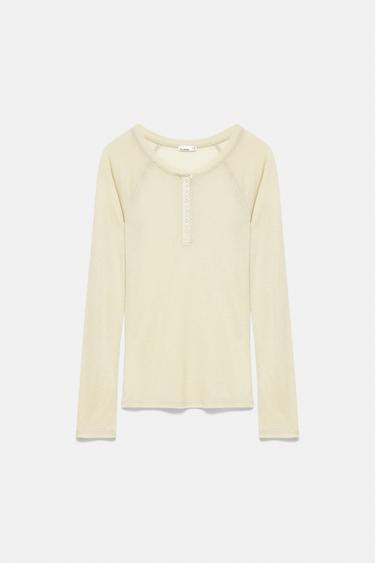 Henley neck button T-shirt — Faded green 5