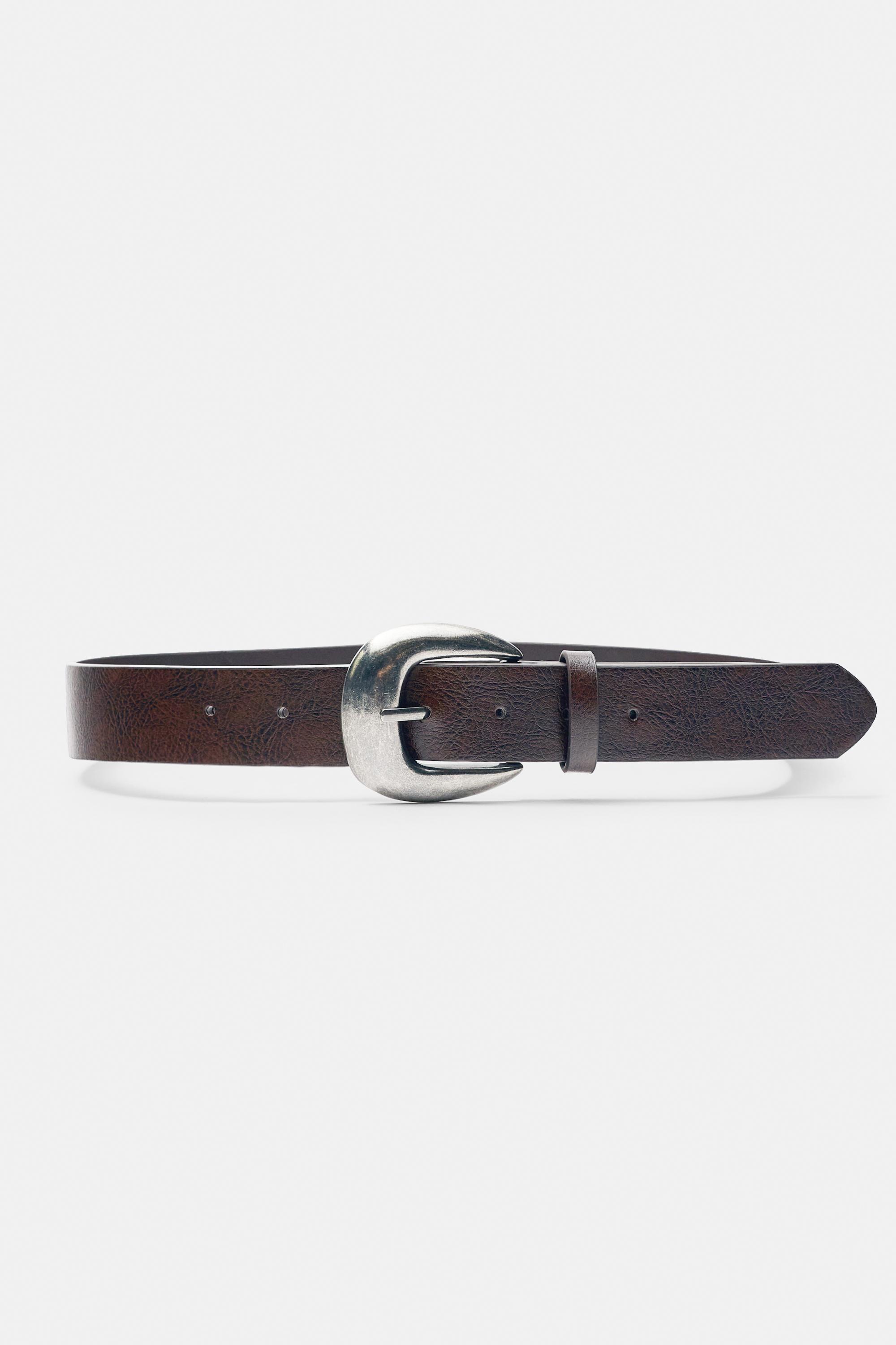 Leather effect belt with large buckle — Brown