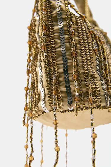 Suede beaded bucket bag — Gold 6
