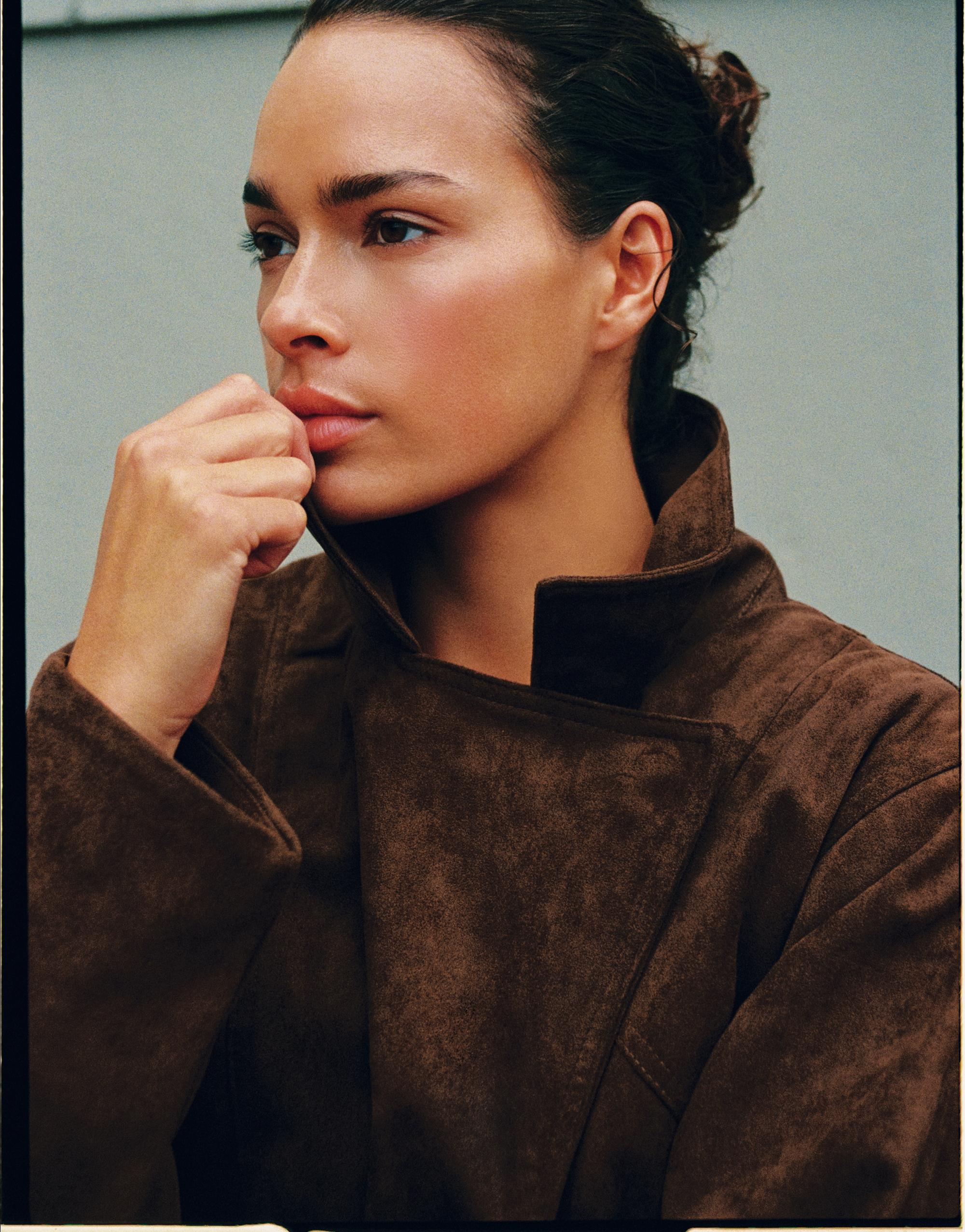 Faux suede short trench coat — Brown