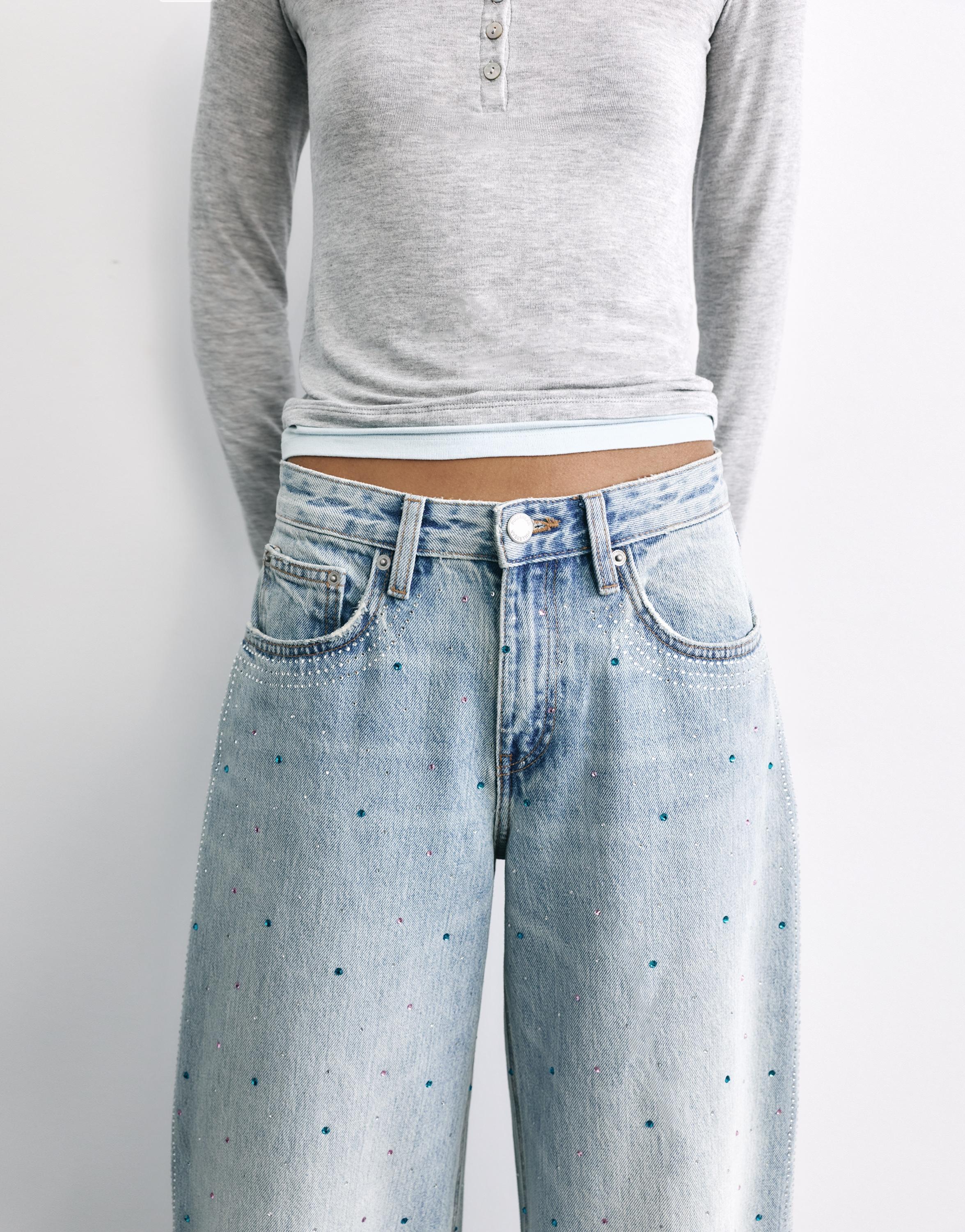 Rhinestone wide-leg jeans — Pale blue