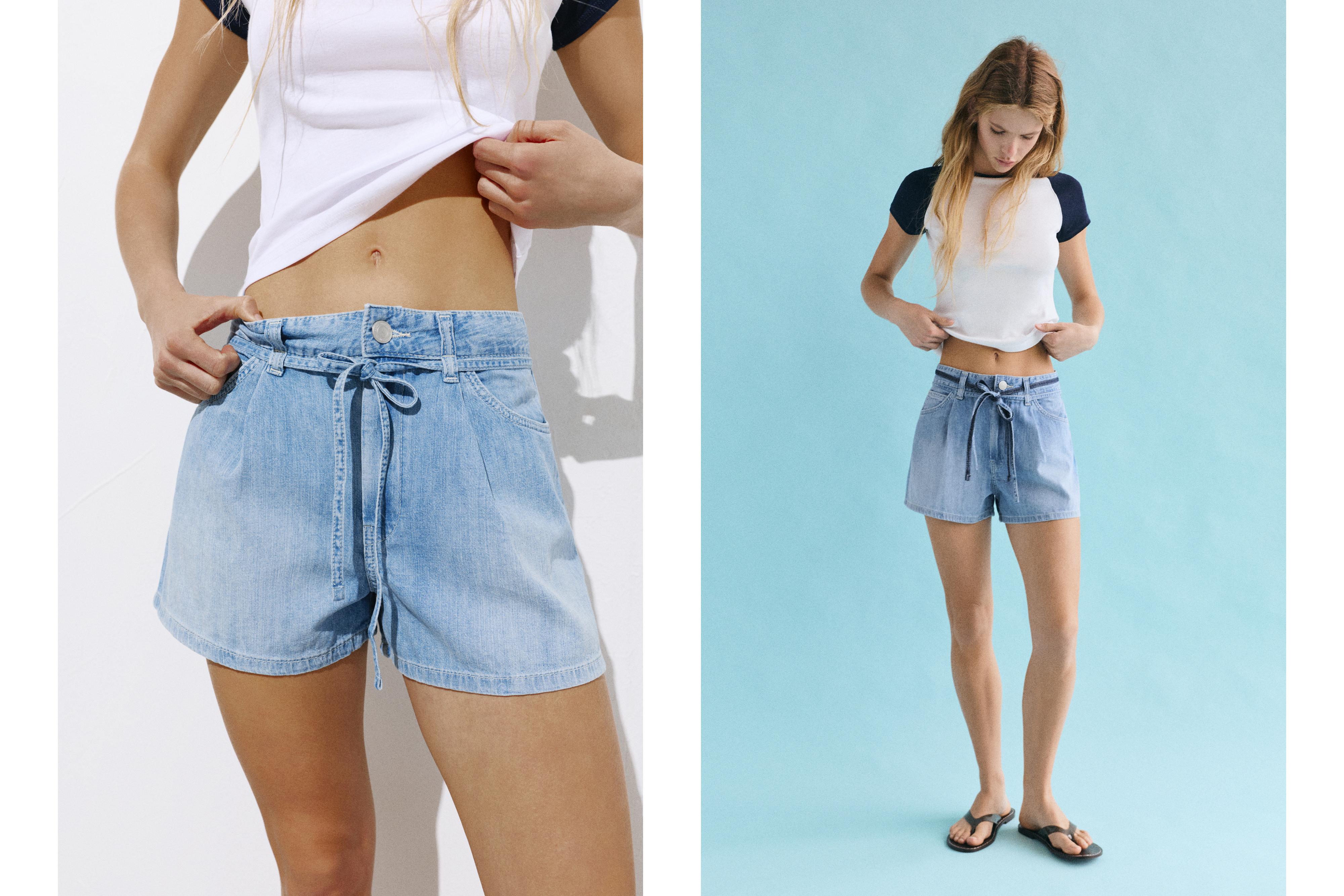 Denim shorts with darts and belt — Pale blue