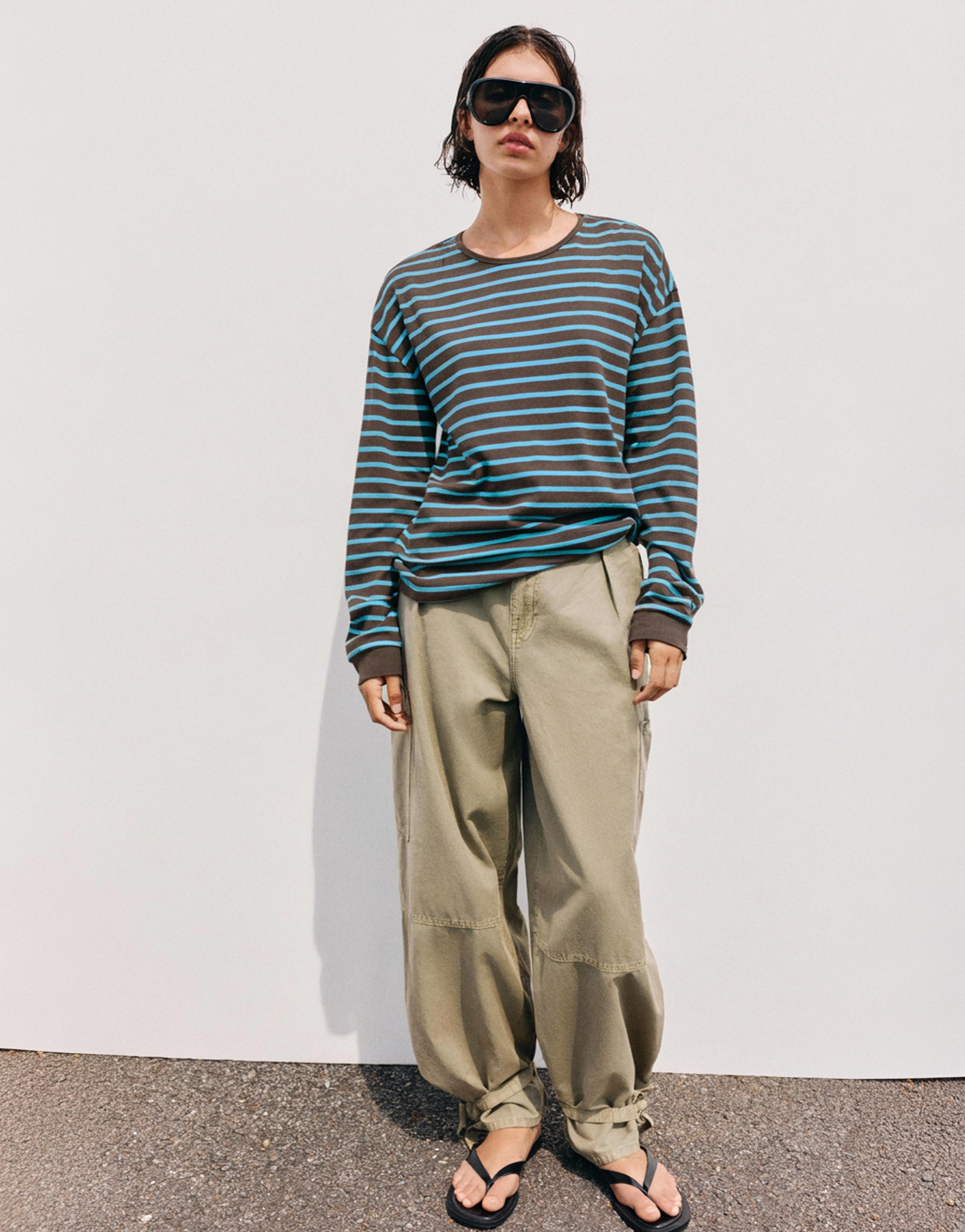 Oversize long sleeve striped T-shirt — Brown
