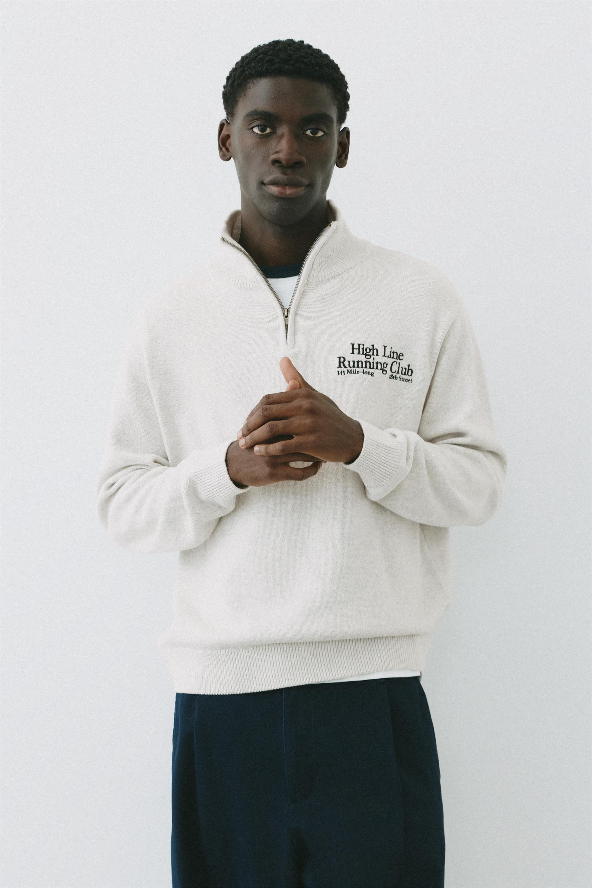 Embroidered quarter-zip sweatshirt — Grey marl