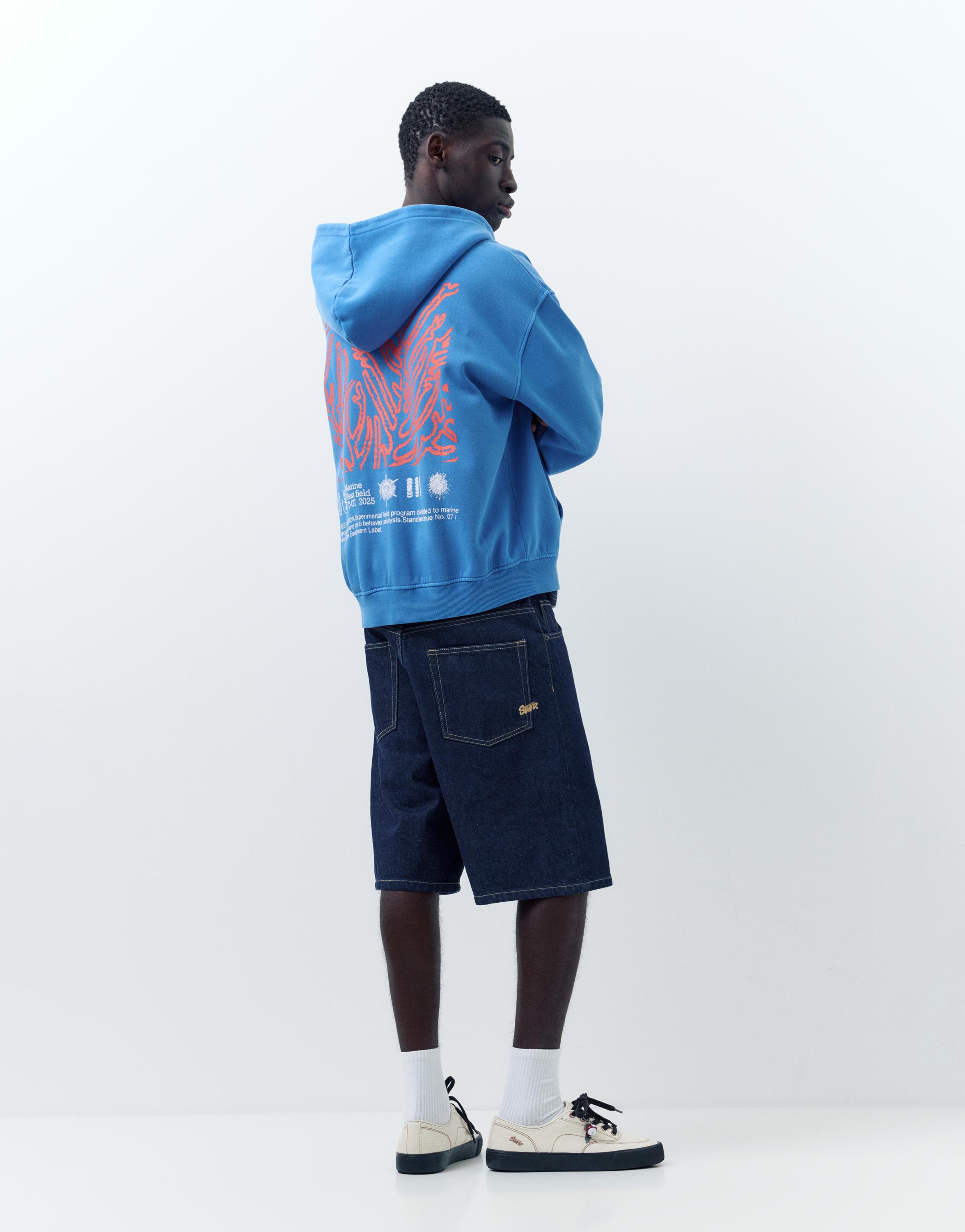 Fermuarlı mavi kapüşonlu sweatshirt - Görsel 10