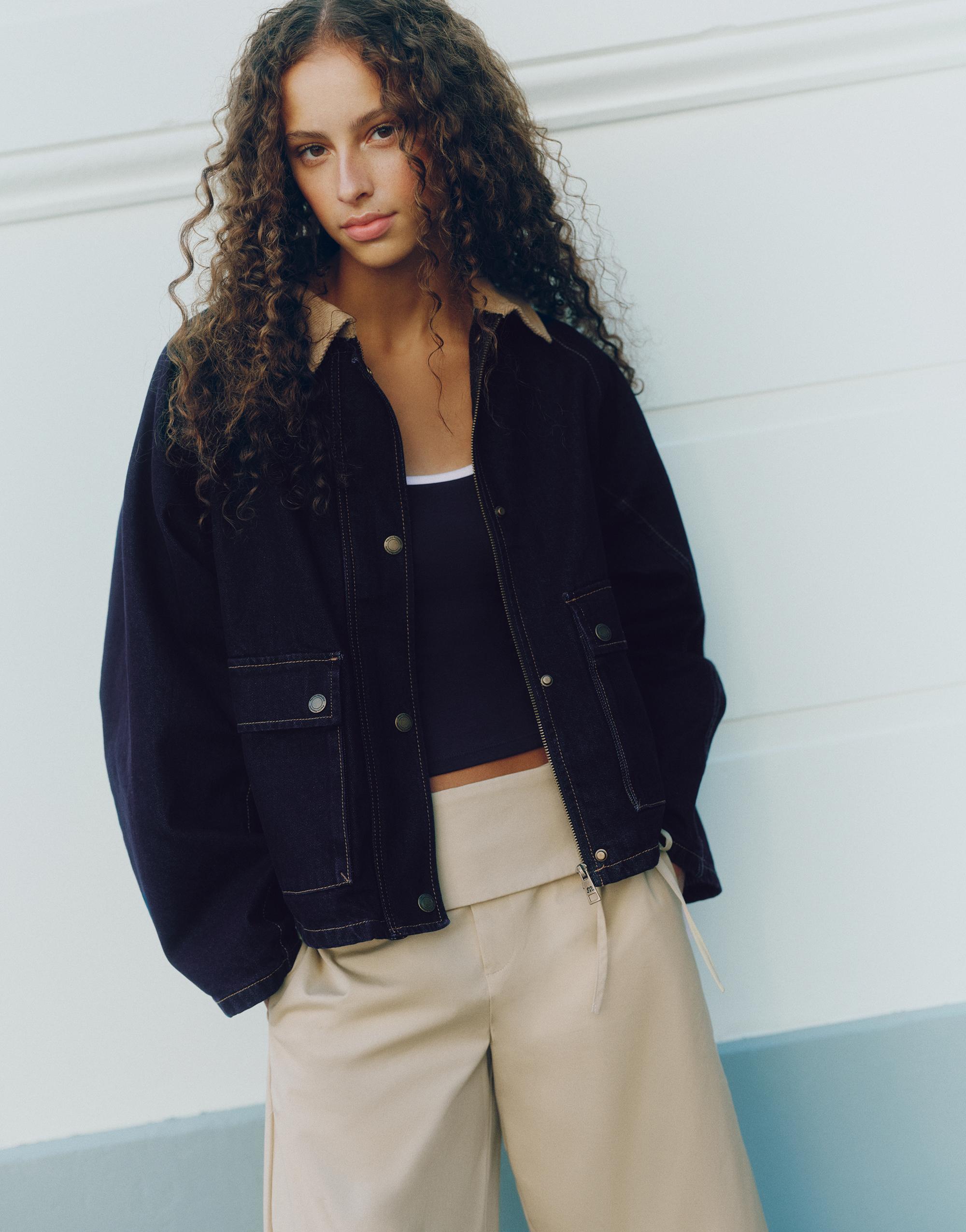 Contrast collar denim jacket — Dark navy