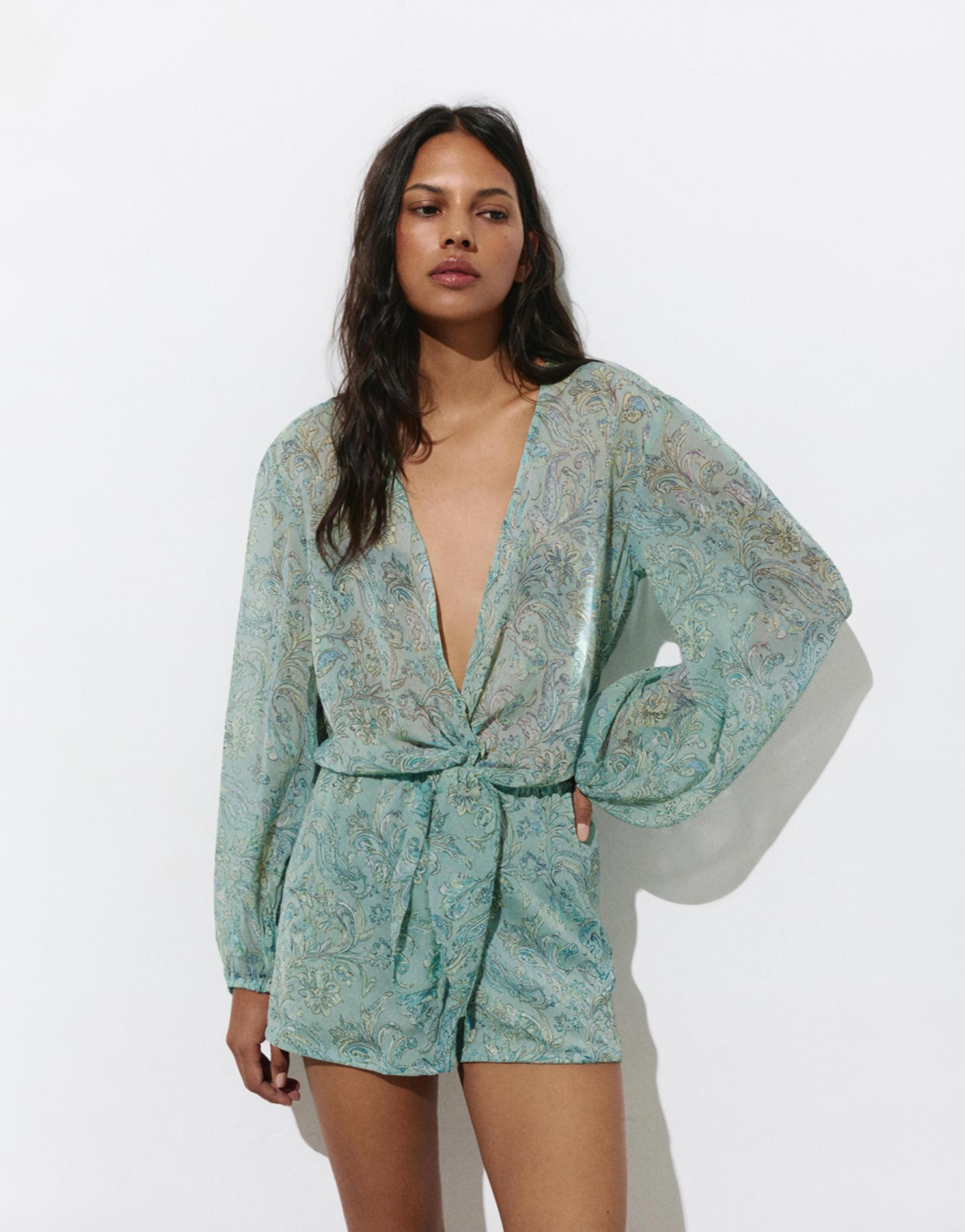 Printed gathered romper — Turquoise