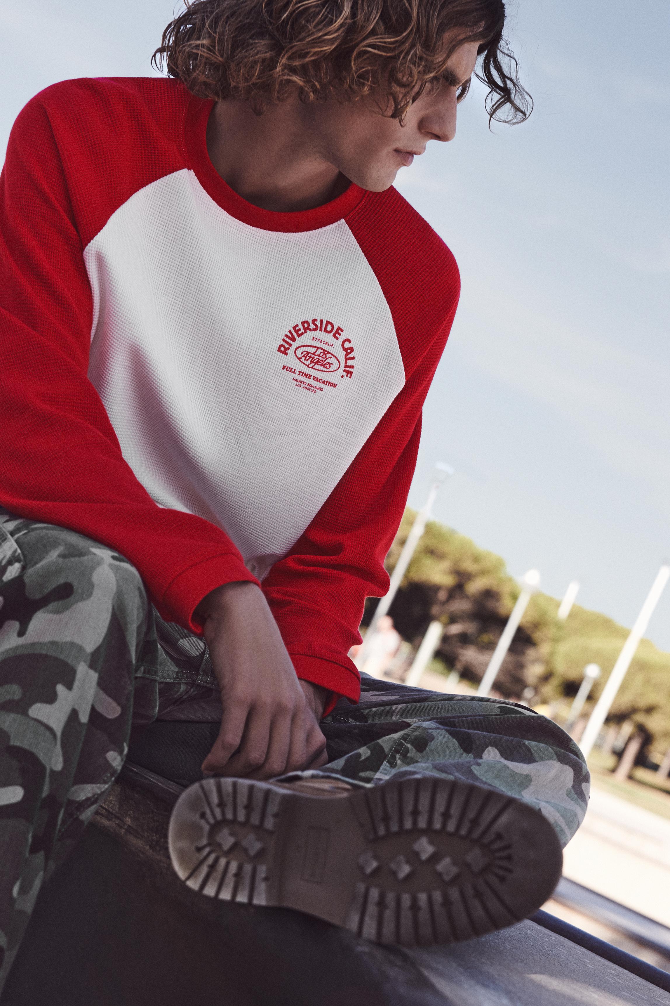 Waffle-knit raglan sleeve T-shirt — Red