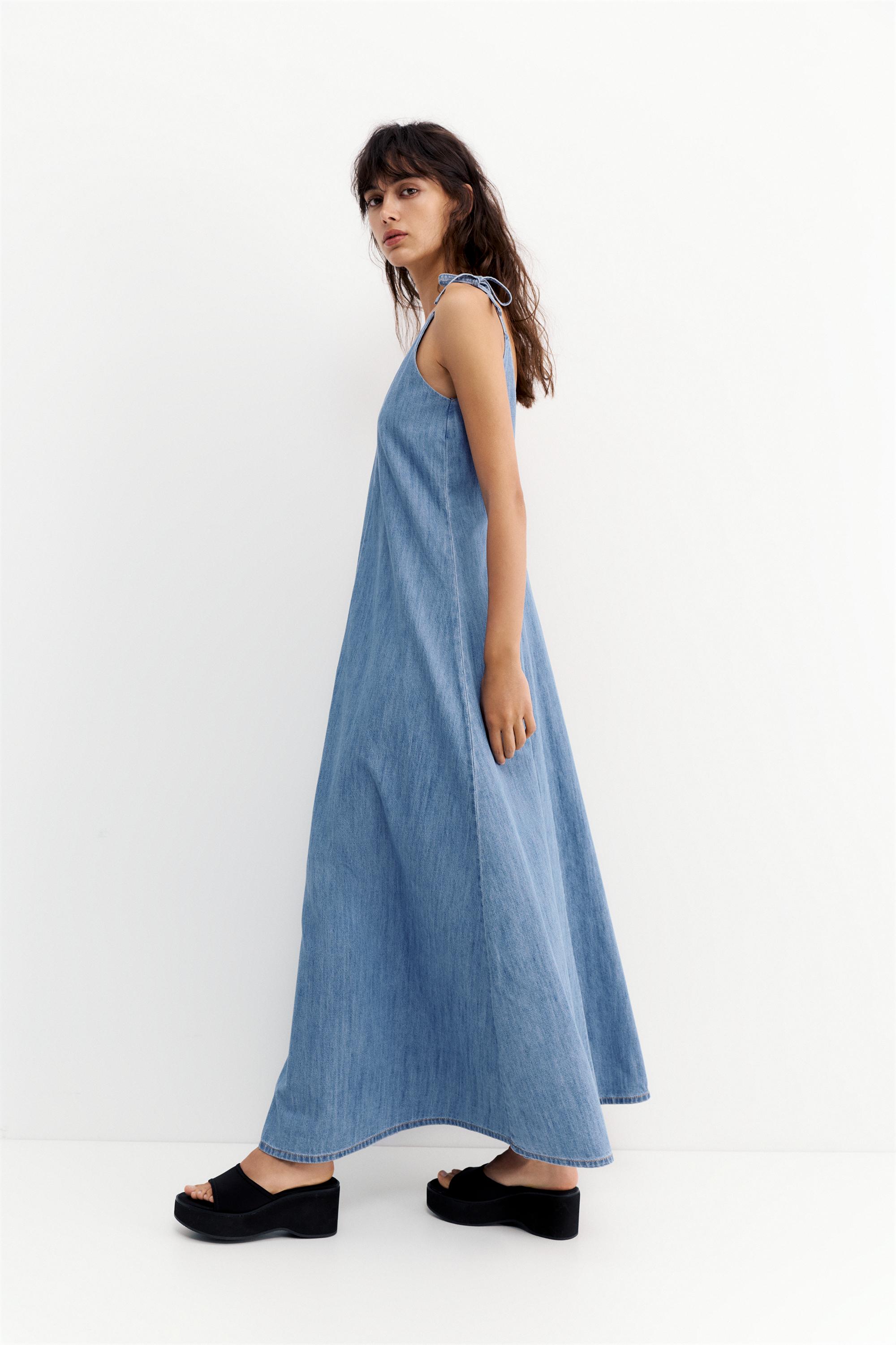 Long denim strappy dress — Pale blue