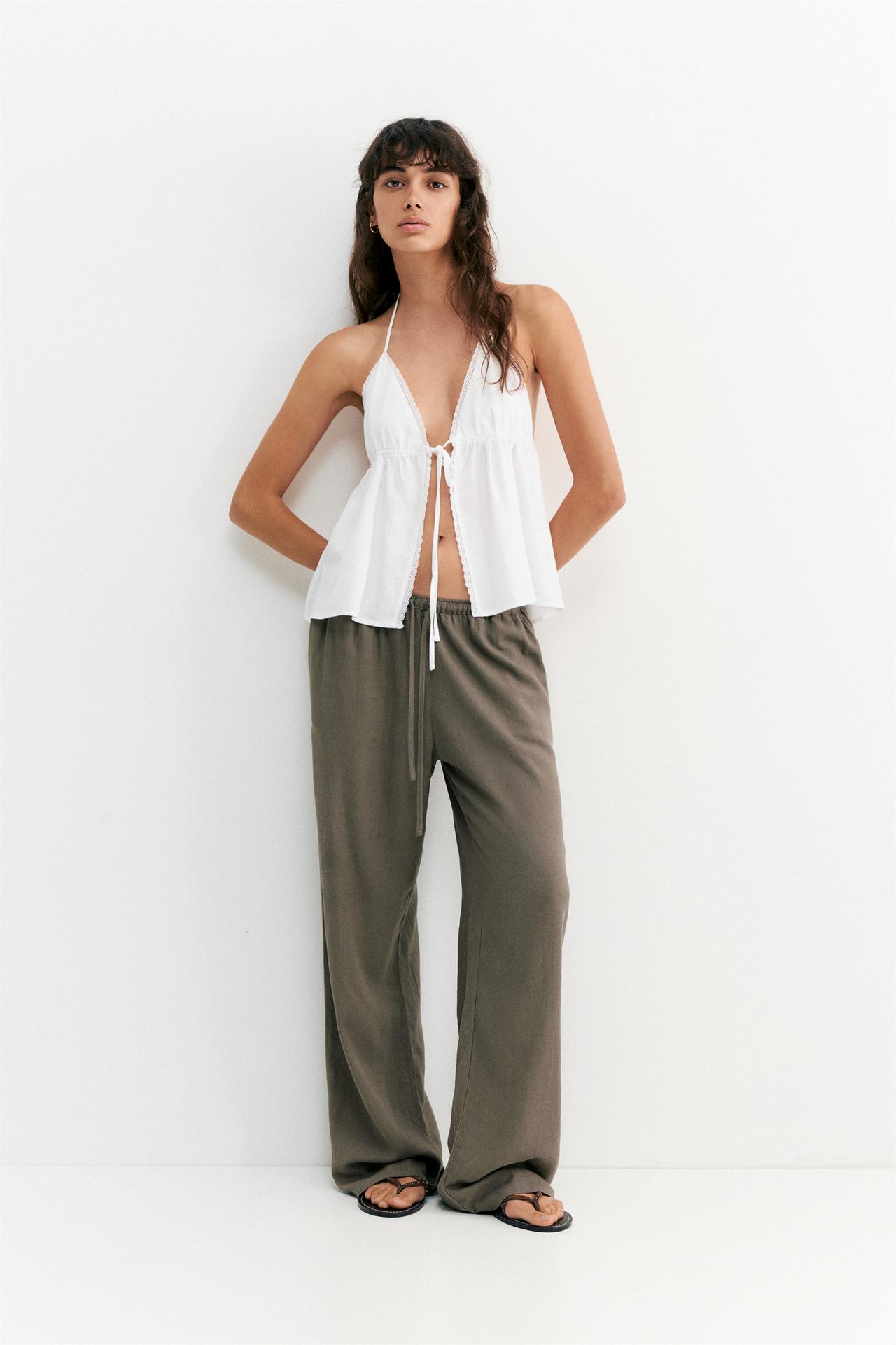 Flowy trousers with linen — Mole brown