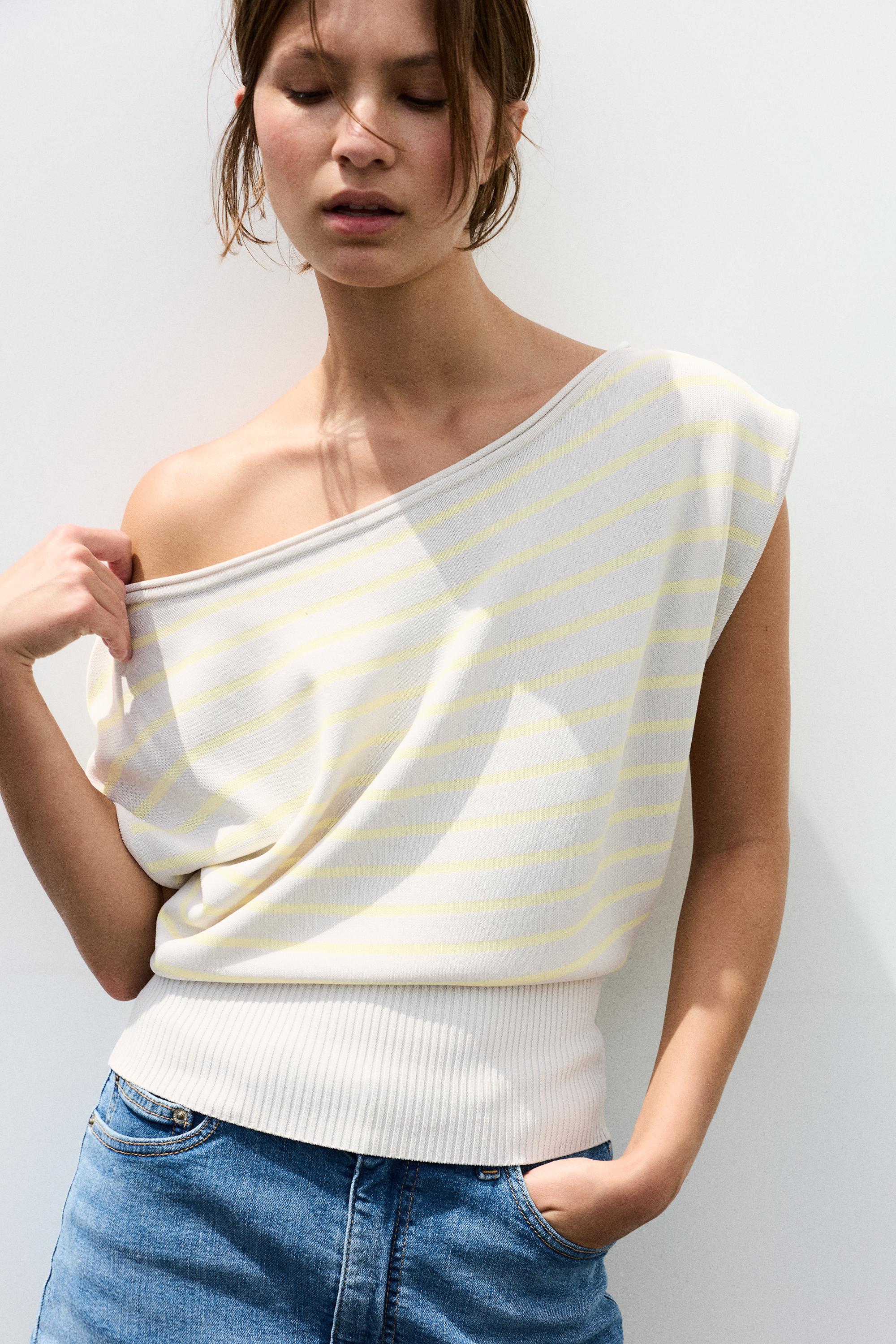 Short sleeve asymmetric knit top — Yellow